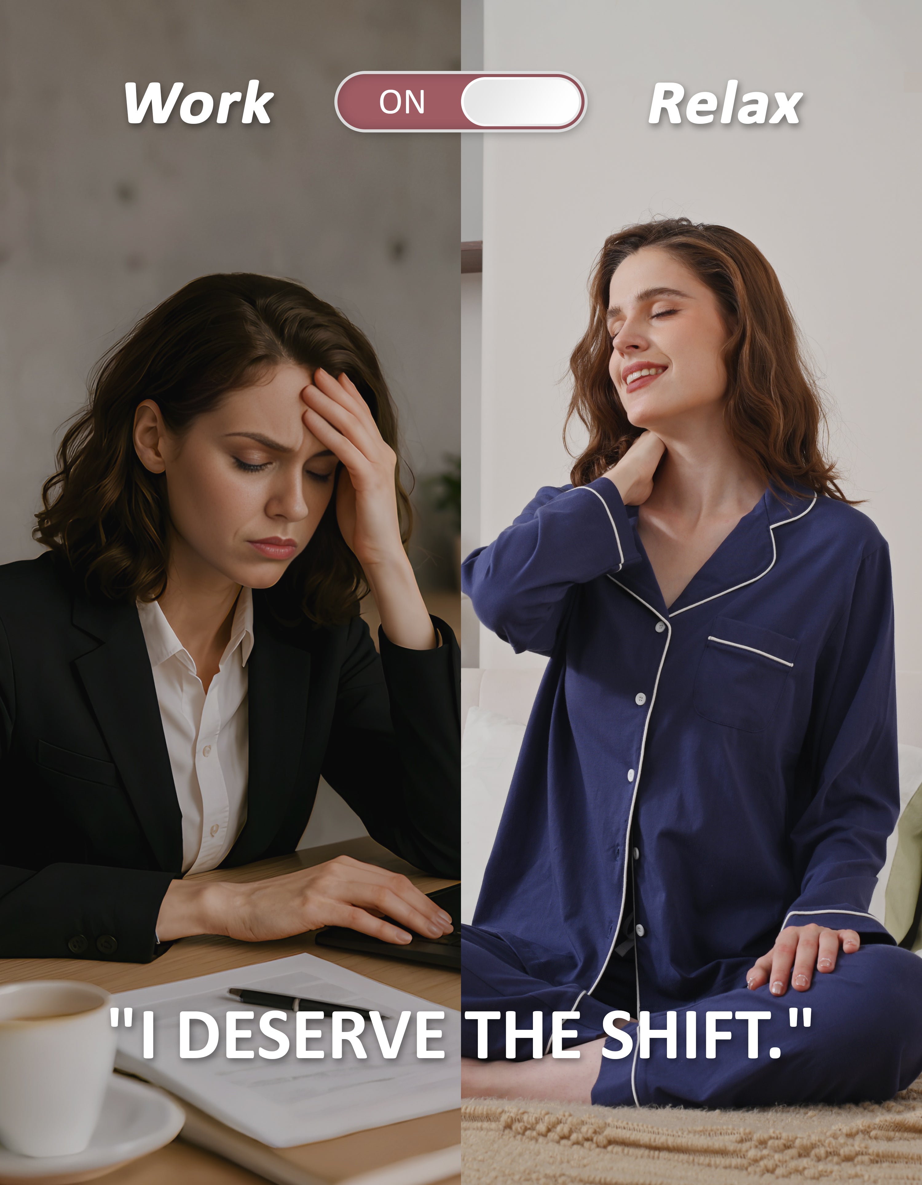 Work to relax lifestyle comparison showing navy blue knit cotton pajamas