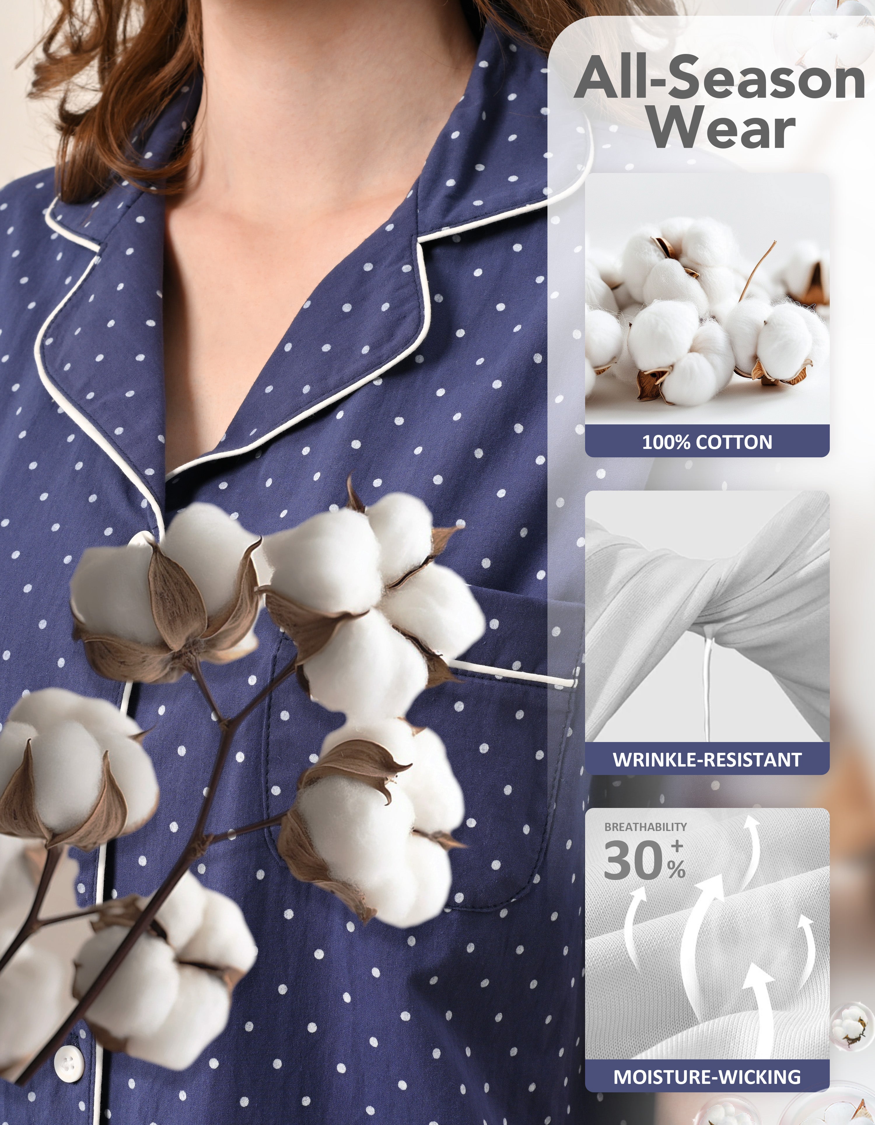 Close-up of navy polka dot cotton pajama fabric showing soft breathable 100% cotton texture