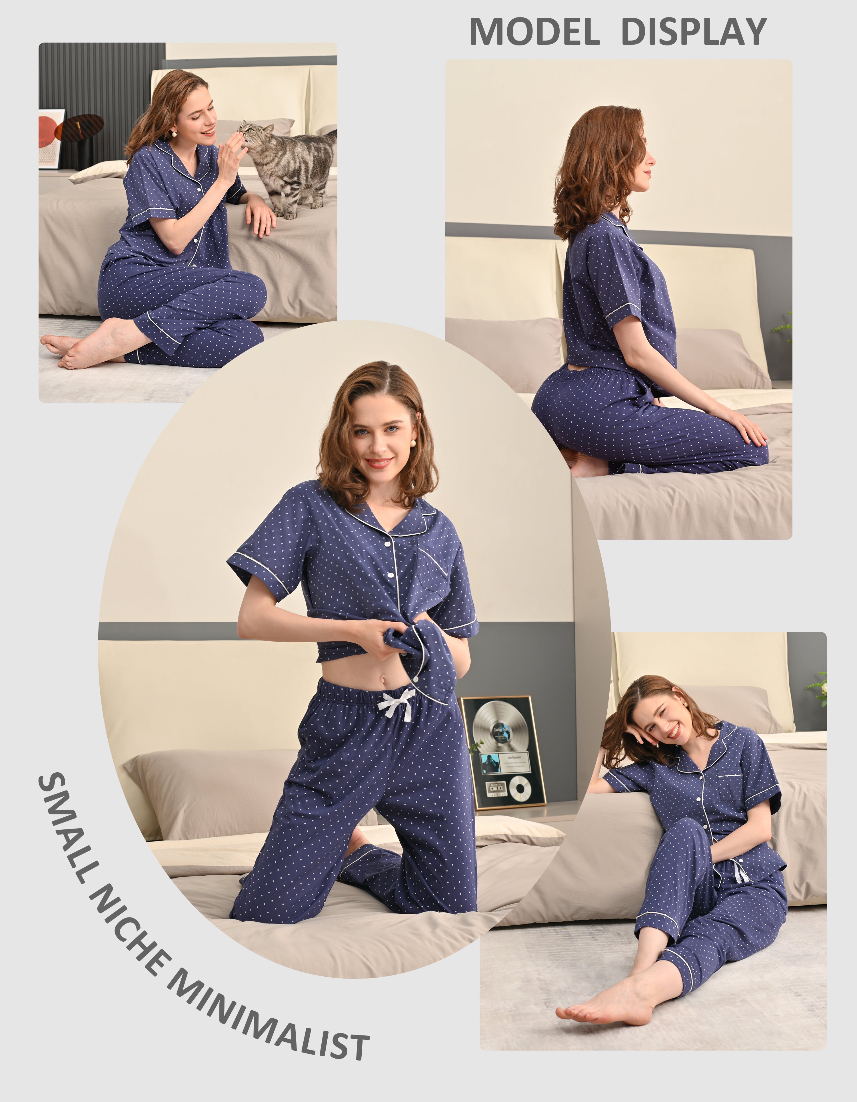 Woman relaxing at home wearing navy polka dot cotton pajama set for sleep and loungewear