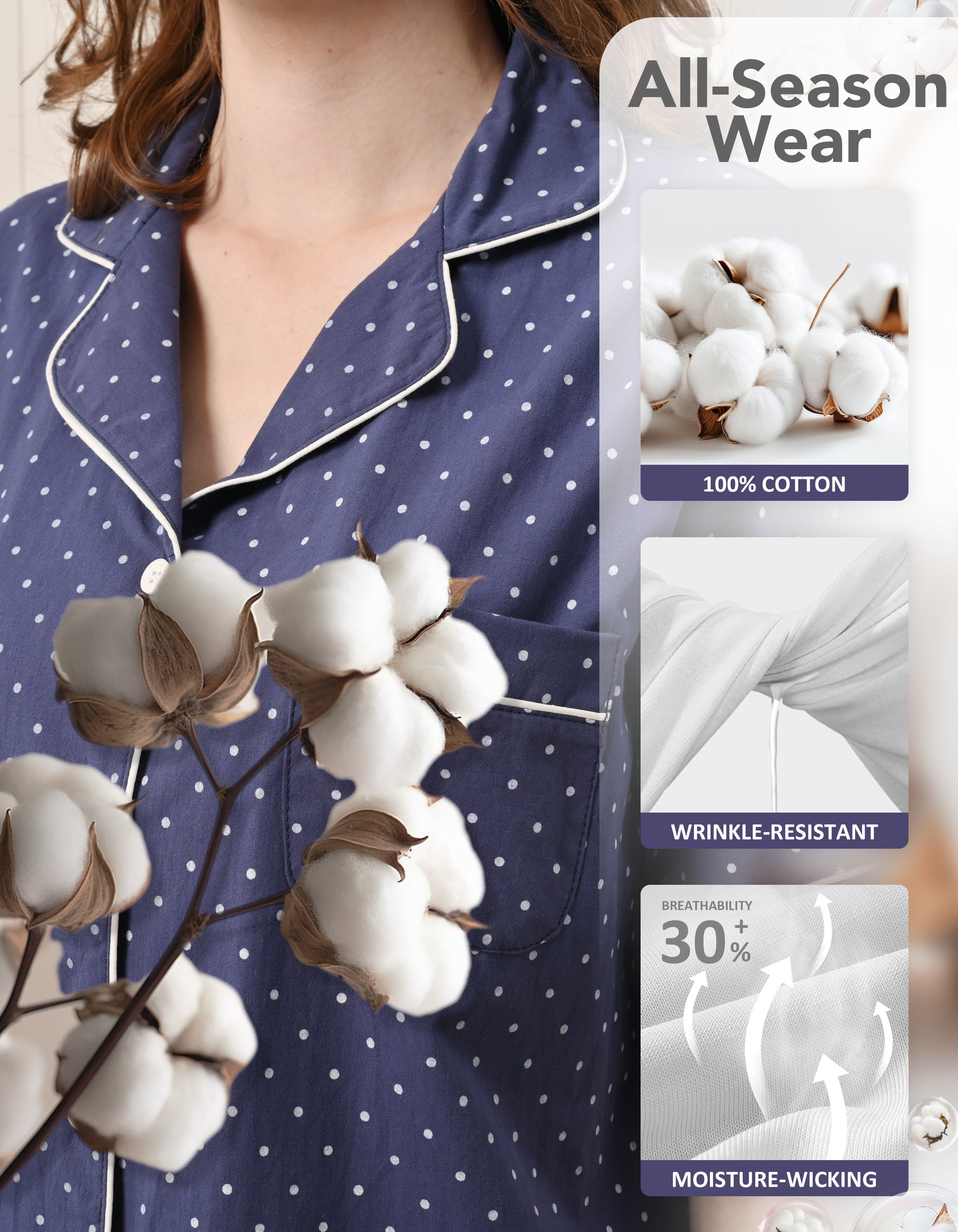 Close-up of navy polka dot knit cotton pajama fabric showing softness and breathability