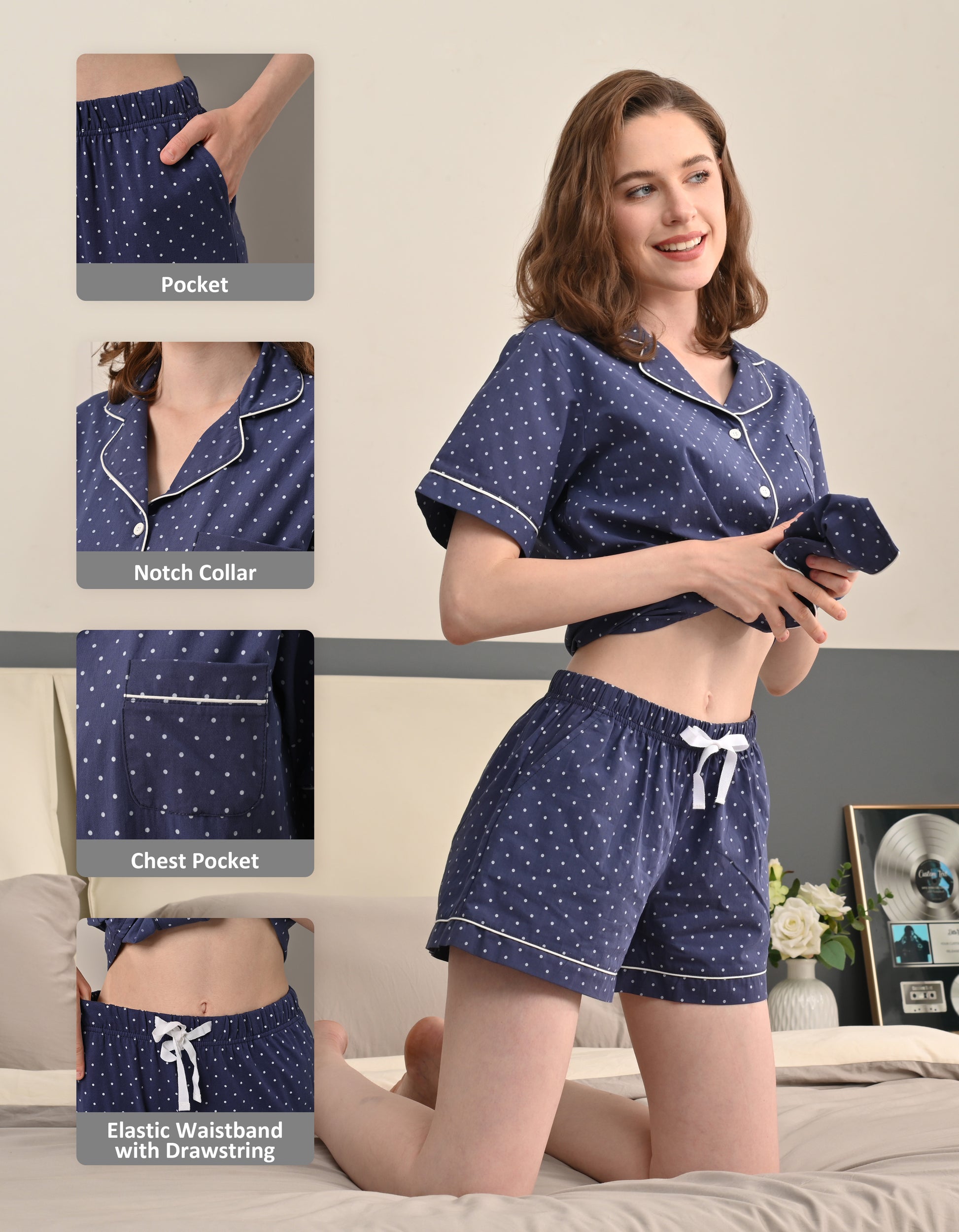 Design details of navy polka dot pajamas including side pockets elastic waistband drawstring and notched collar