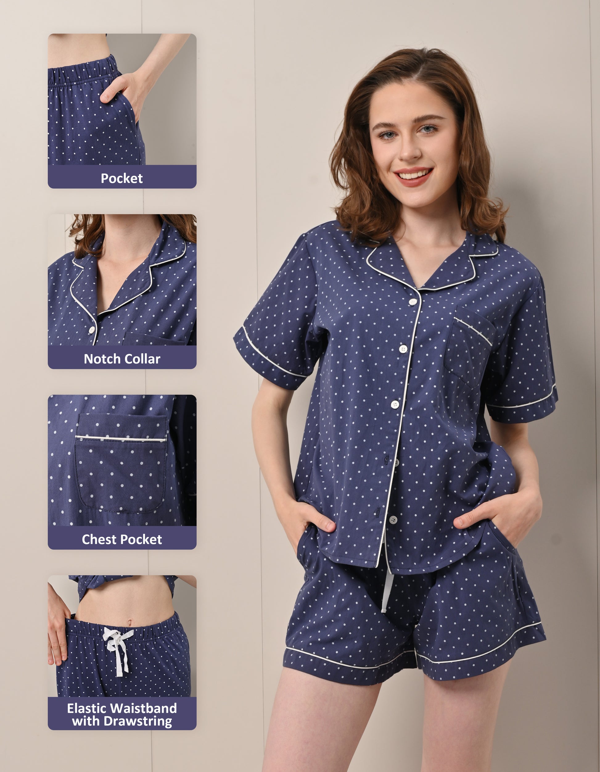 Design details of navy polka dot print pajamas including notch collar, chest pocket, and drawstring waistband