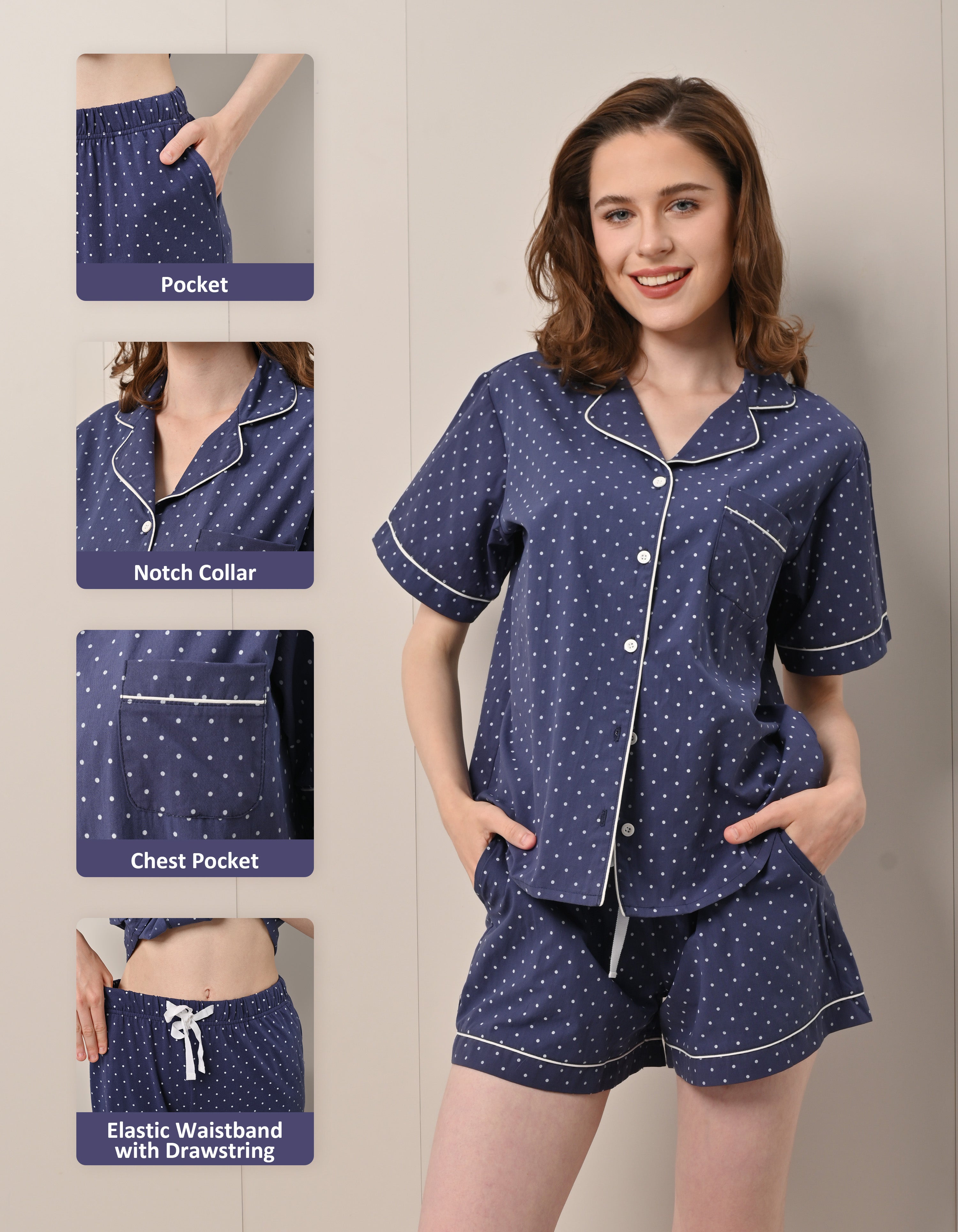 Design details of navy polka dot print pajamas including notch collar, chest pocket, and drawstring waistband