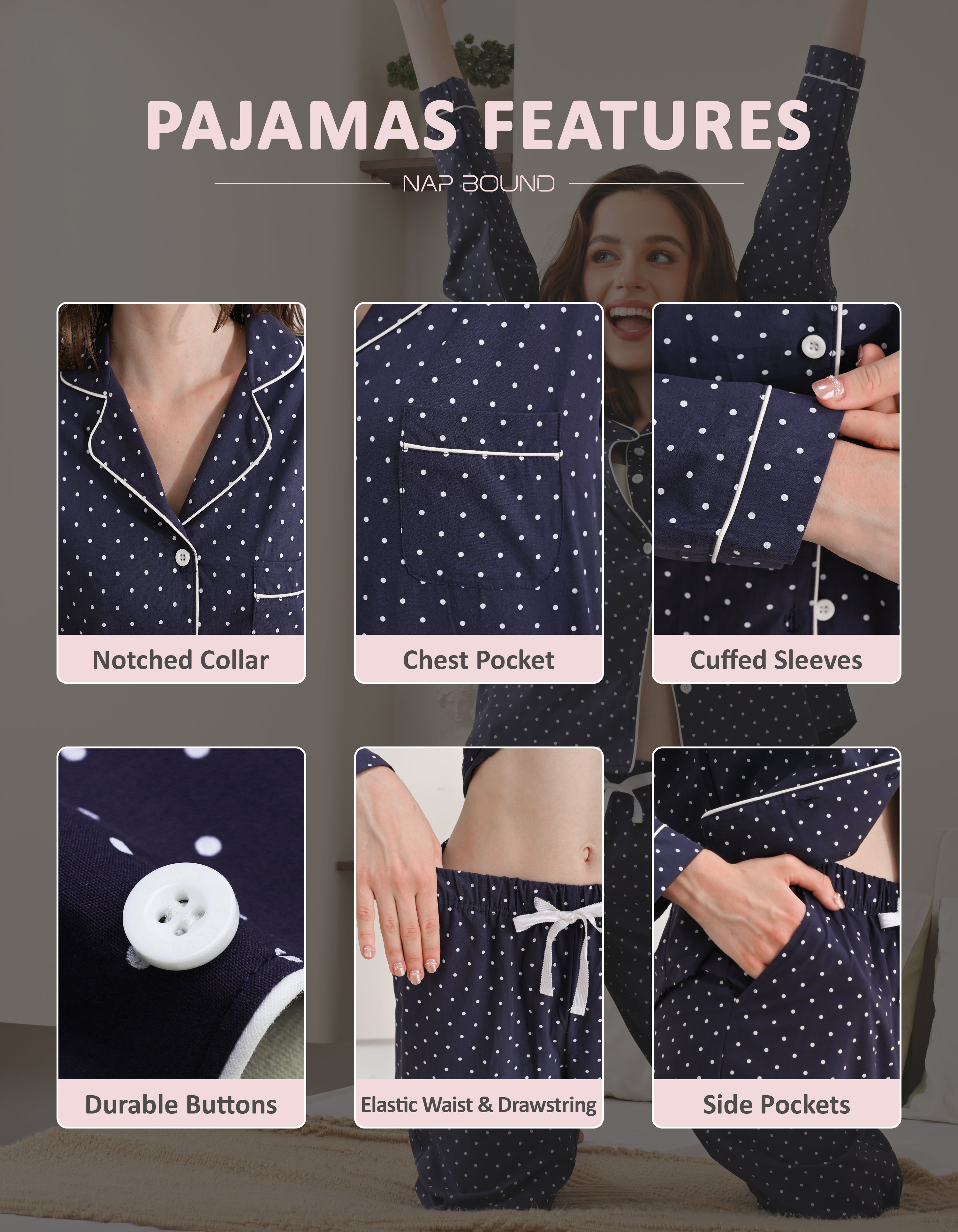 Design details of navy polka dot pajamas including notched collar, chest pocket, cuffed sleeves, and drawstring waist