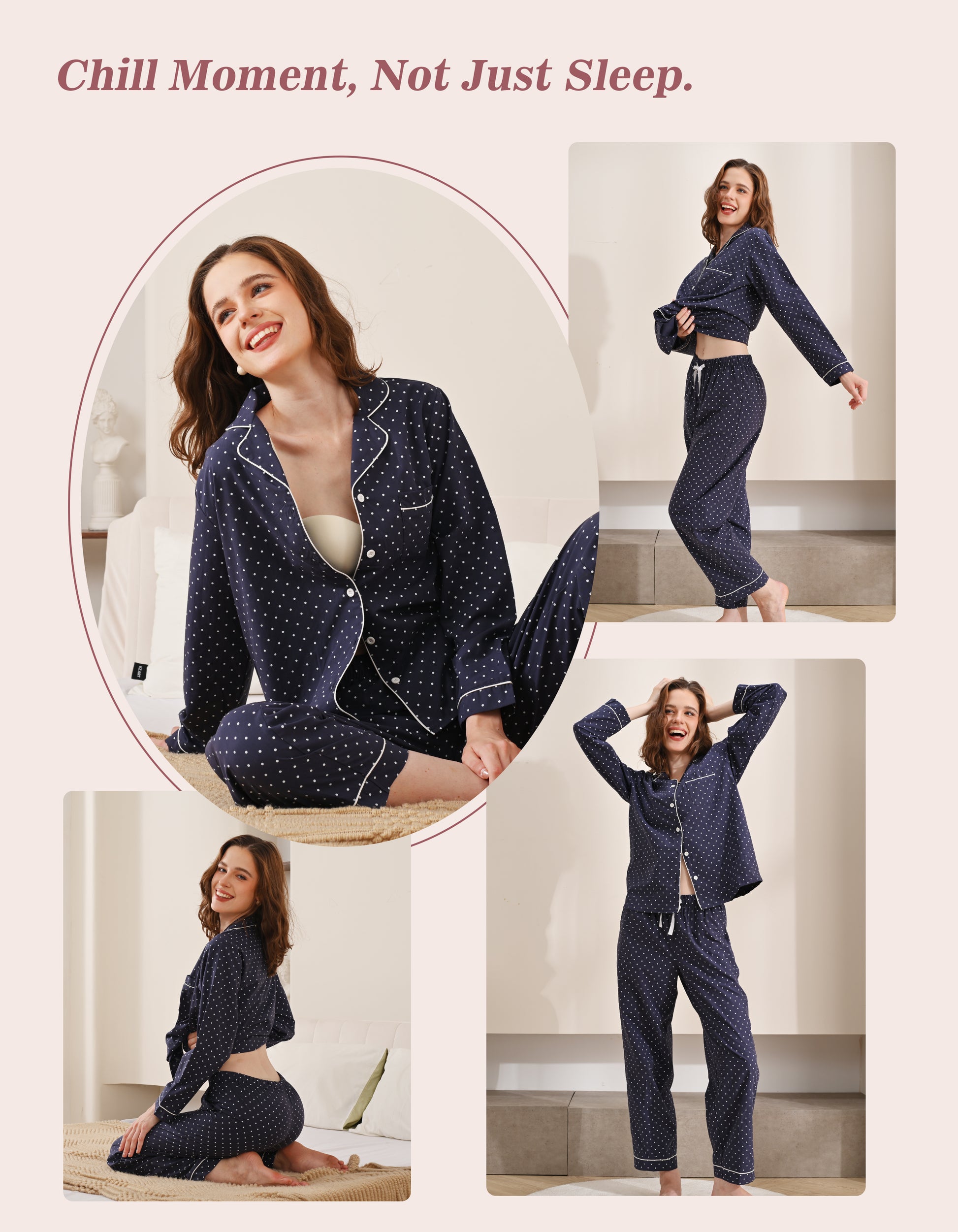 Model wearing navy polka dot woven cotton pajamas in cozy home and relaxing scenes
