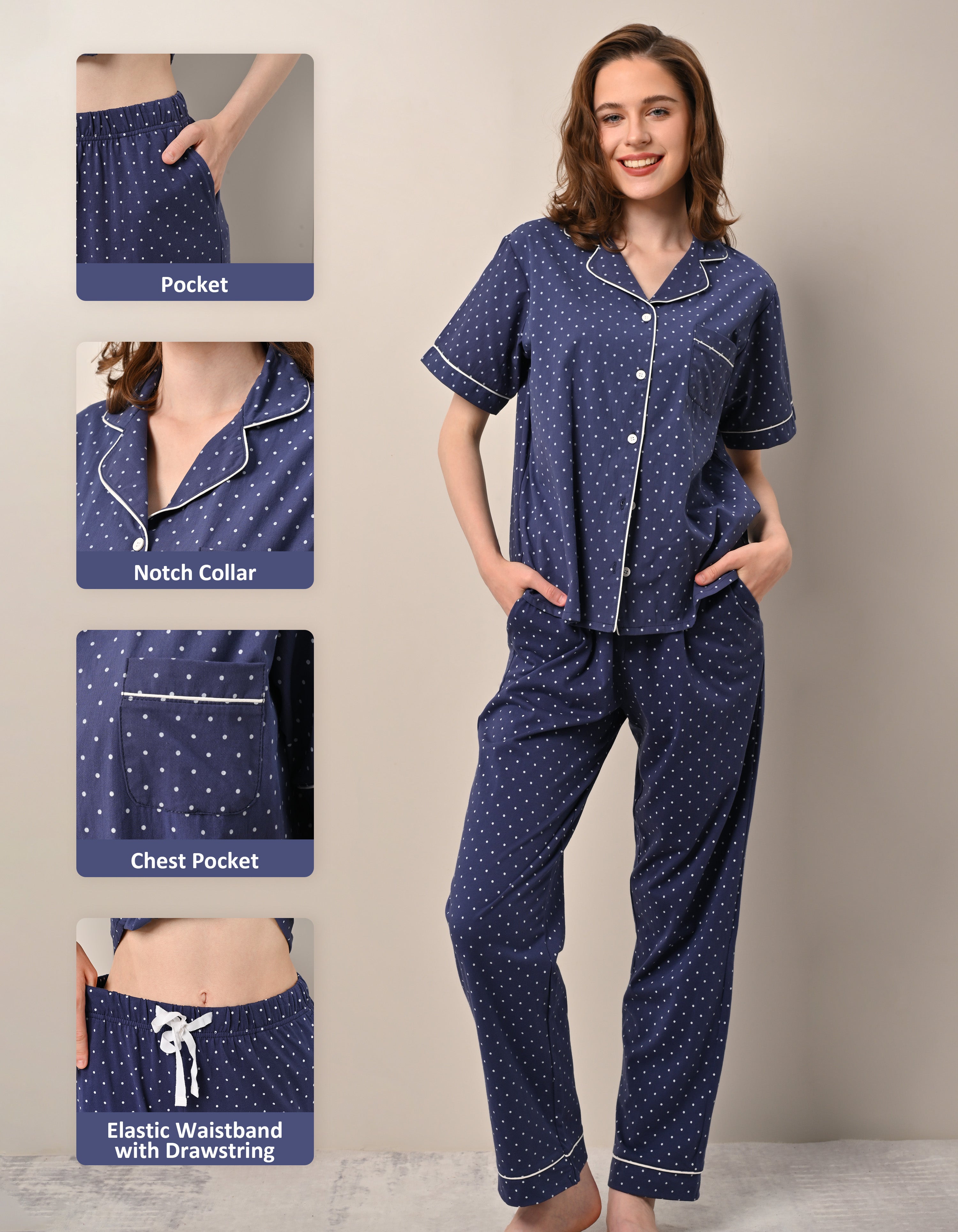 Detail view of notch collar, chest pocket and elastic waistband on navy polka dot pajama set