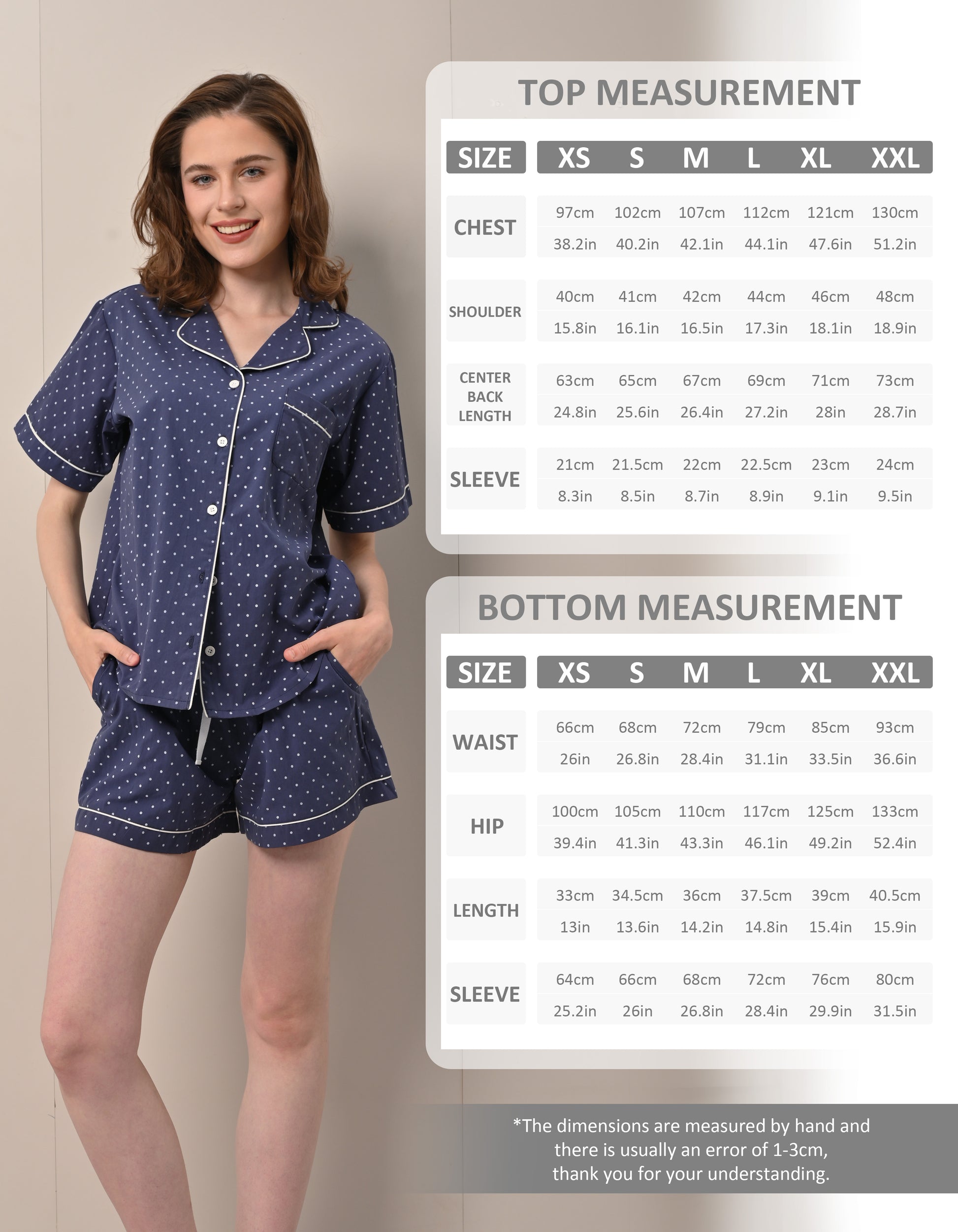 Size chart for women’s navy polka dot woven cotton pajama set top and shorts