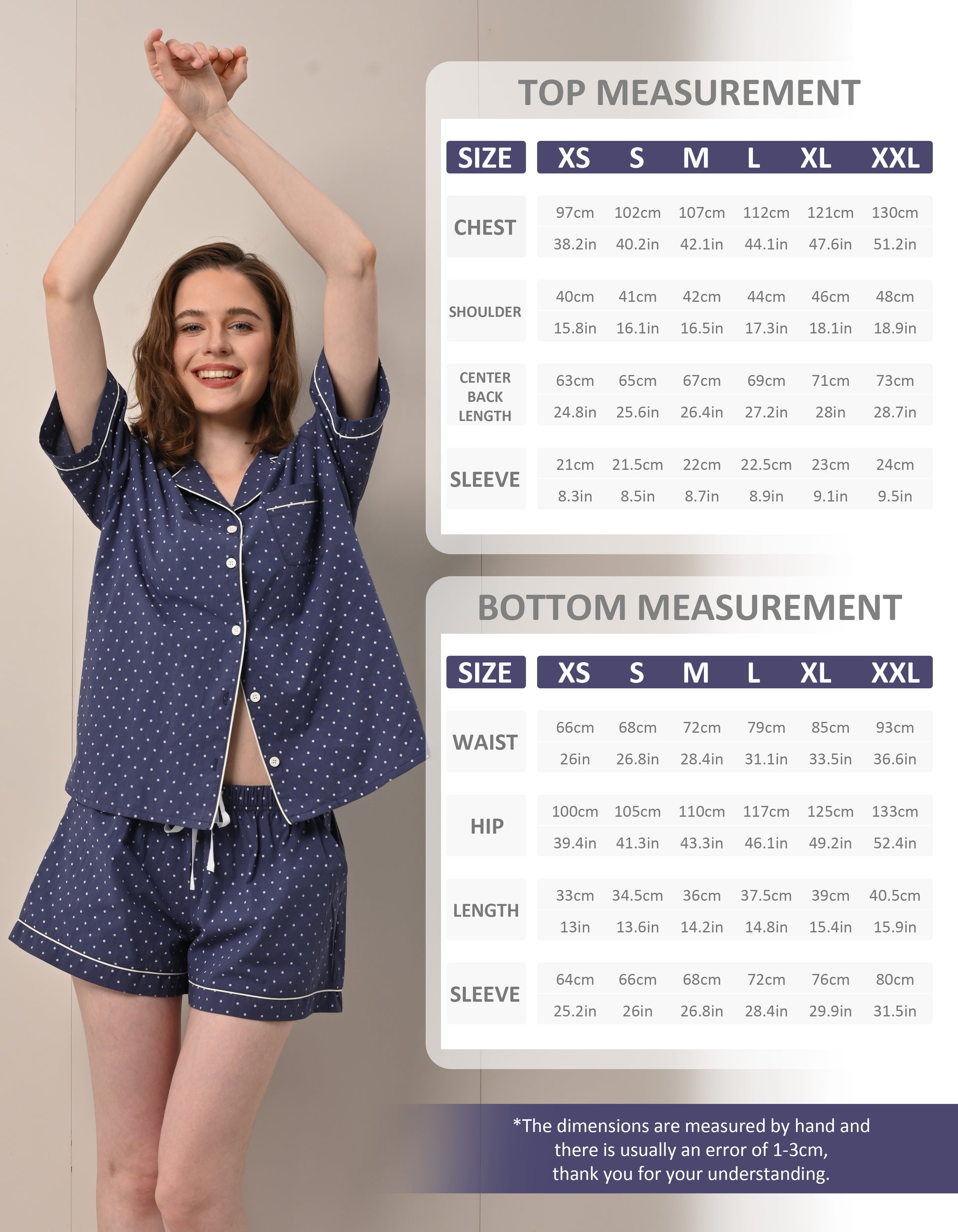 Size chart for women’s navy polka dot print knit cotton pajama set top and shorts