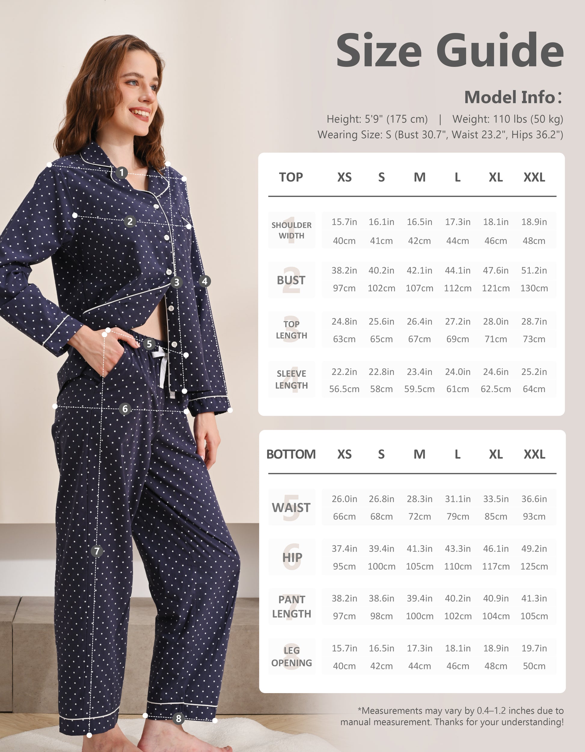 Size chart for women’s navy polka dot woven cotton pajama set top and pants