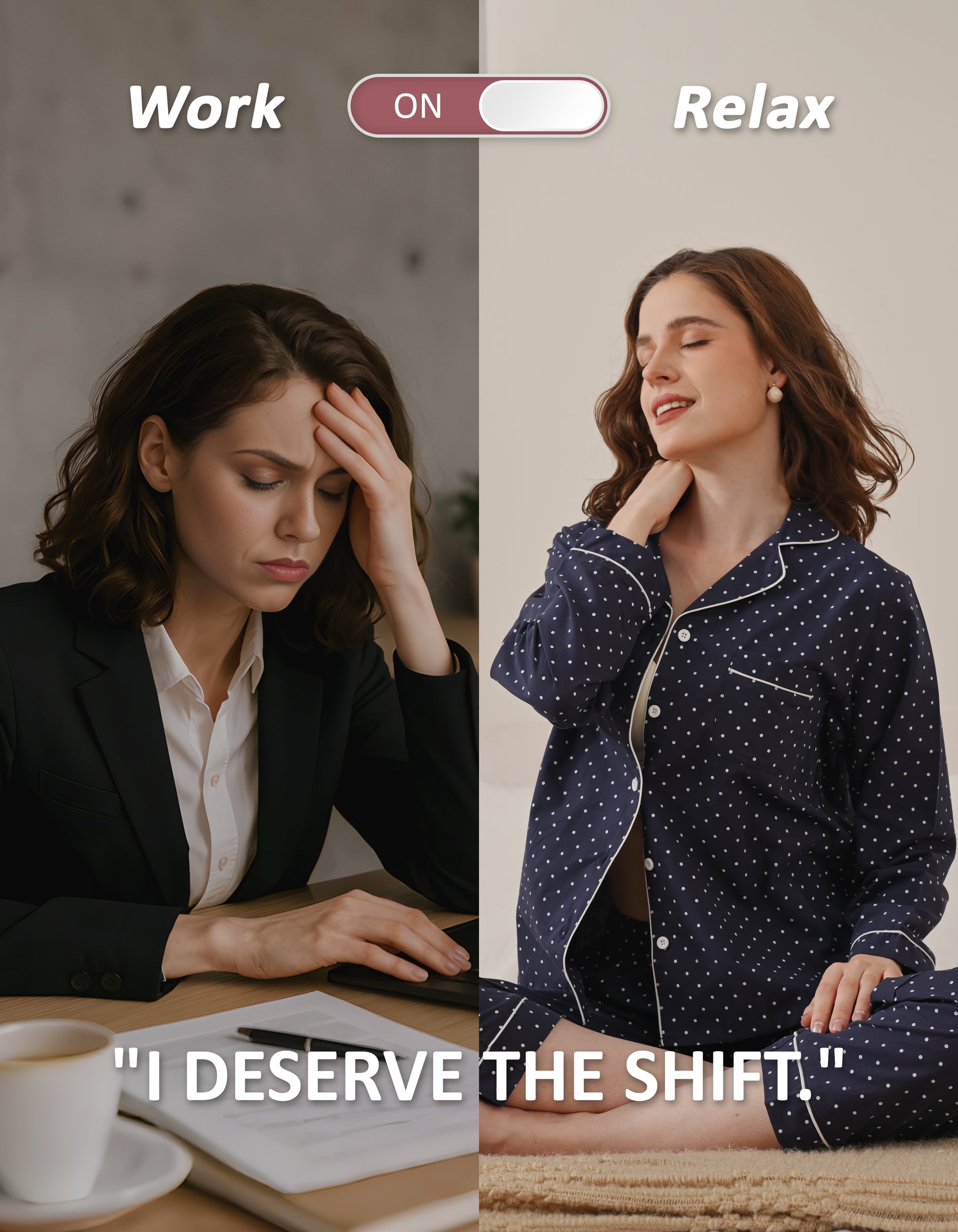 Work to relax lifestyle comparison showing women wearing navy polka dot woven cotton pajamas