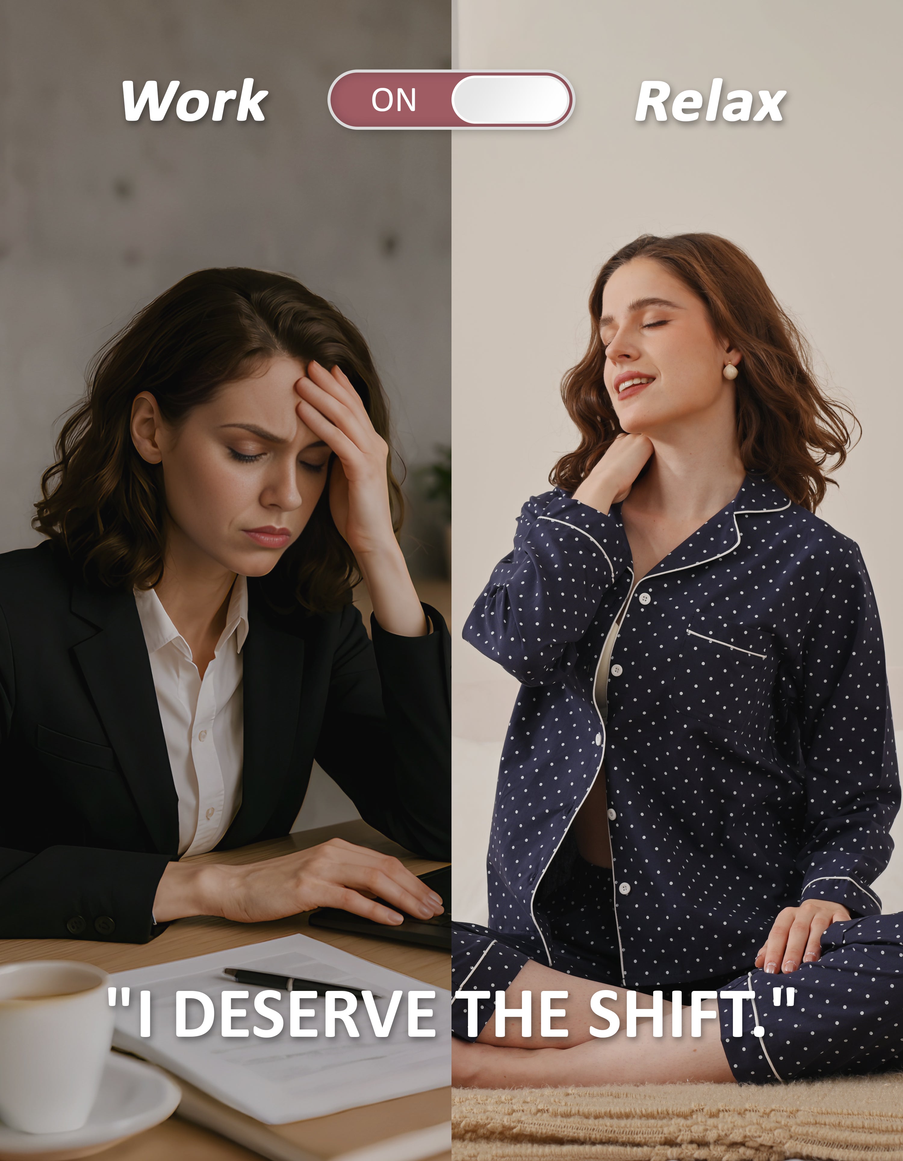 Work to relax lifestyle comparison showing women wearing navy polka dot woven cotton pajamas