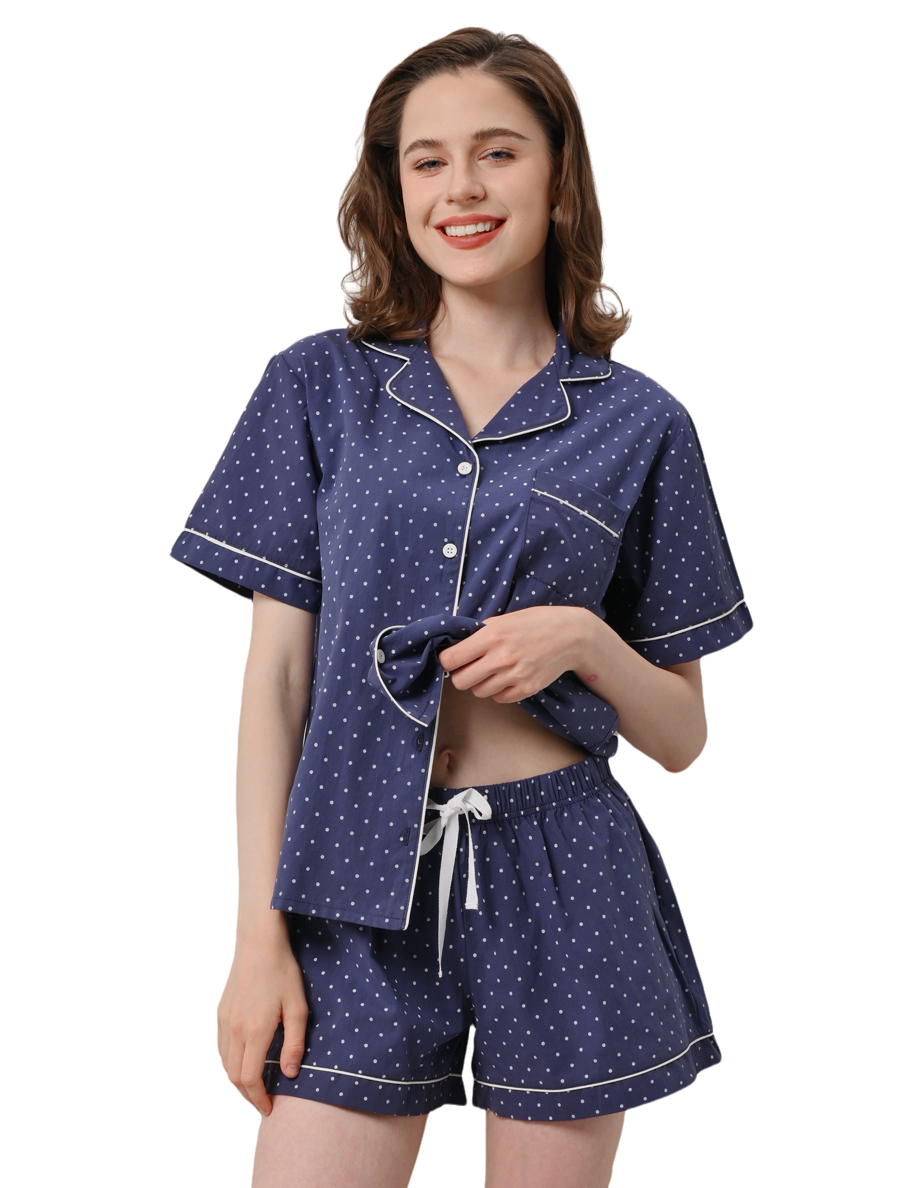 Navy polka dot women’s woven cotton pajama set front view on white background