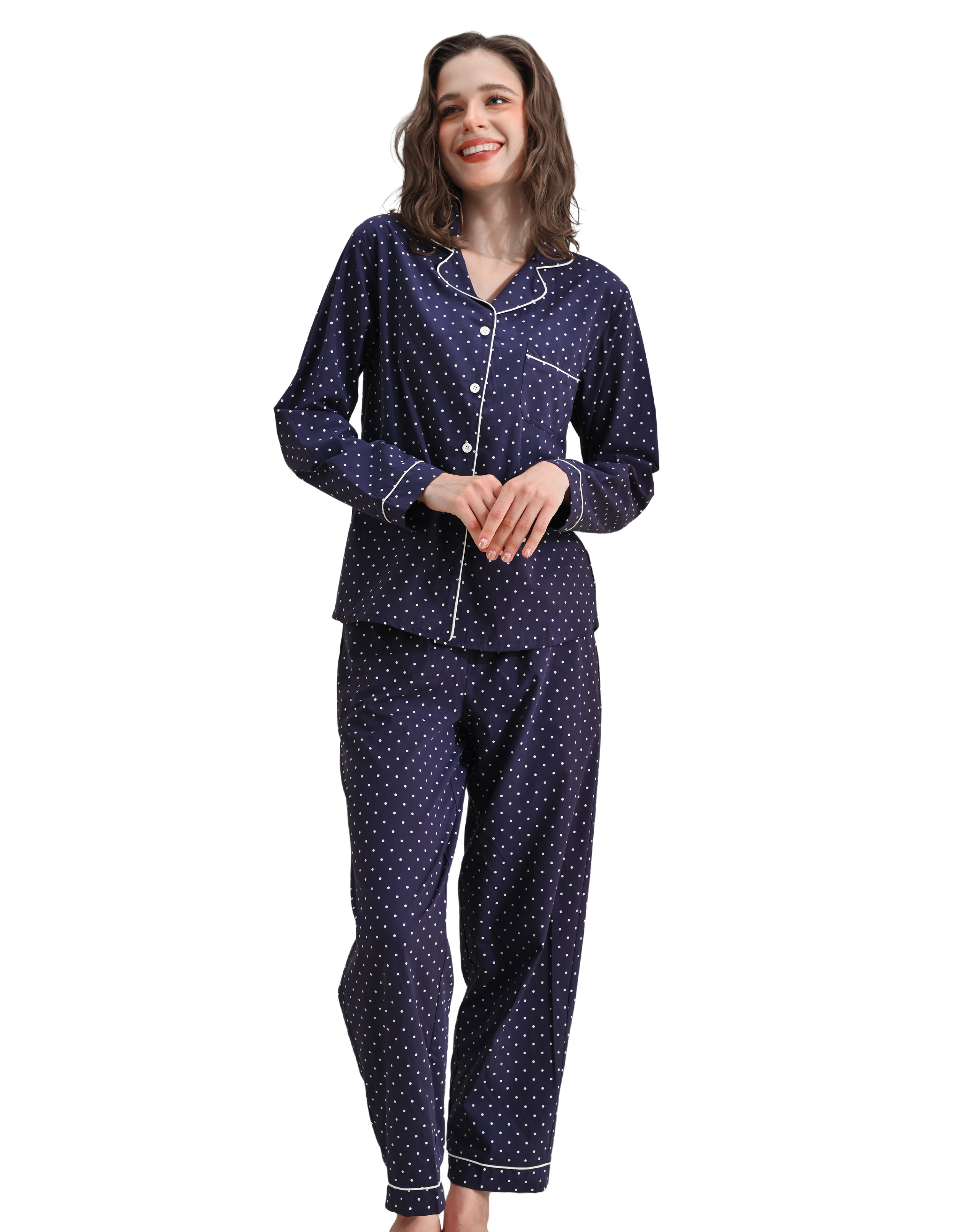 Navy polka dot women’s woven cotton pajama set front view on white background
