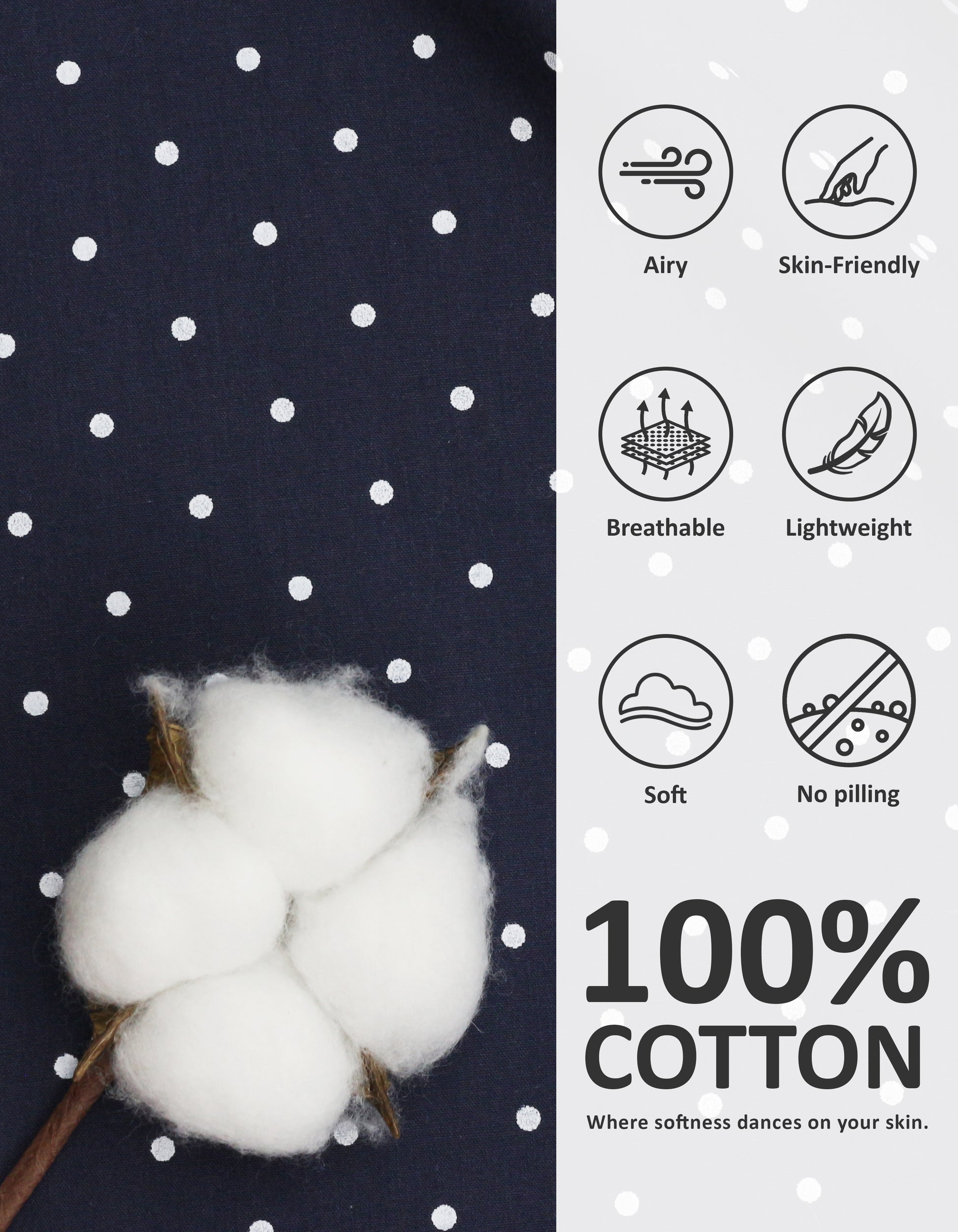 Close-up of navy polka dot woven cotton pajama fabric showing breathability and softness
