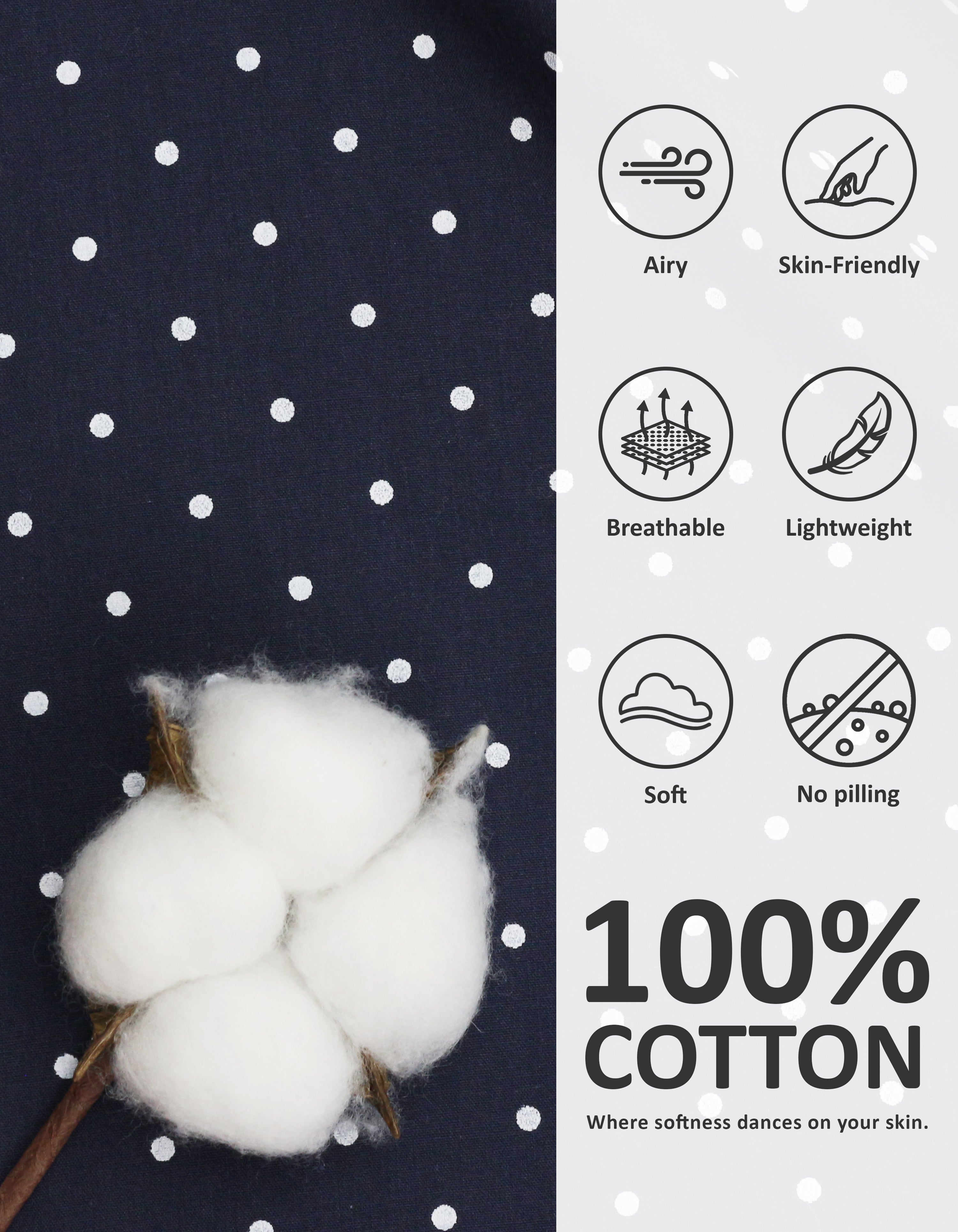 Close-up of navy polka dot woven cotton pajama fabric showing breathability and softness