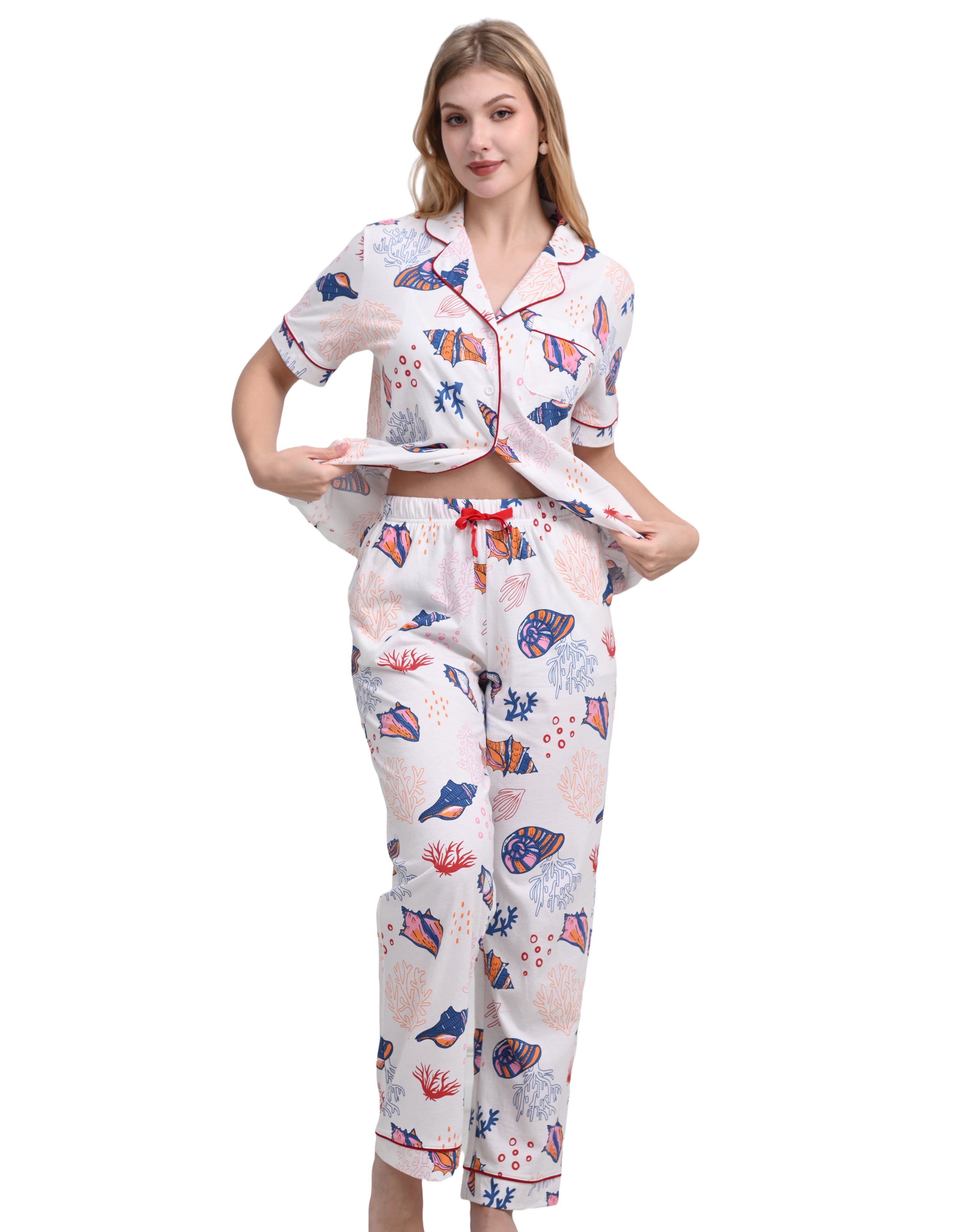 Women’s ocean print cotton pajama set short sleeve front view