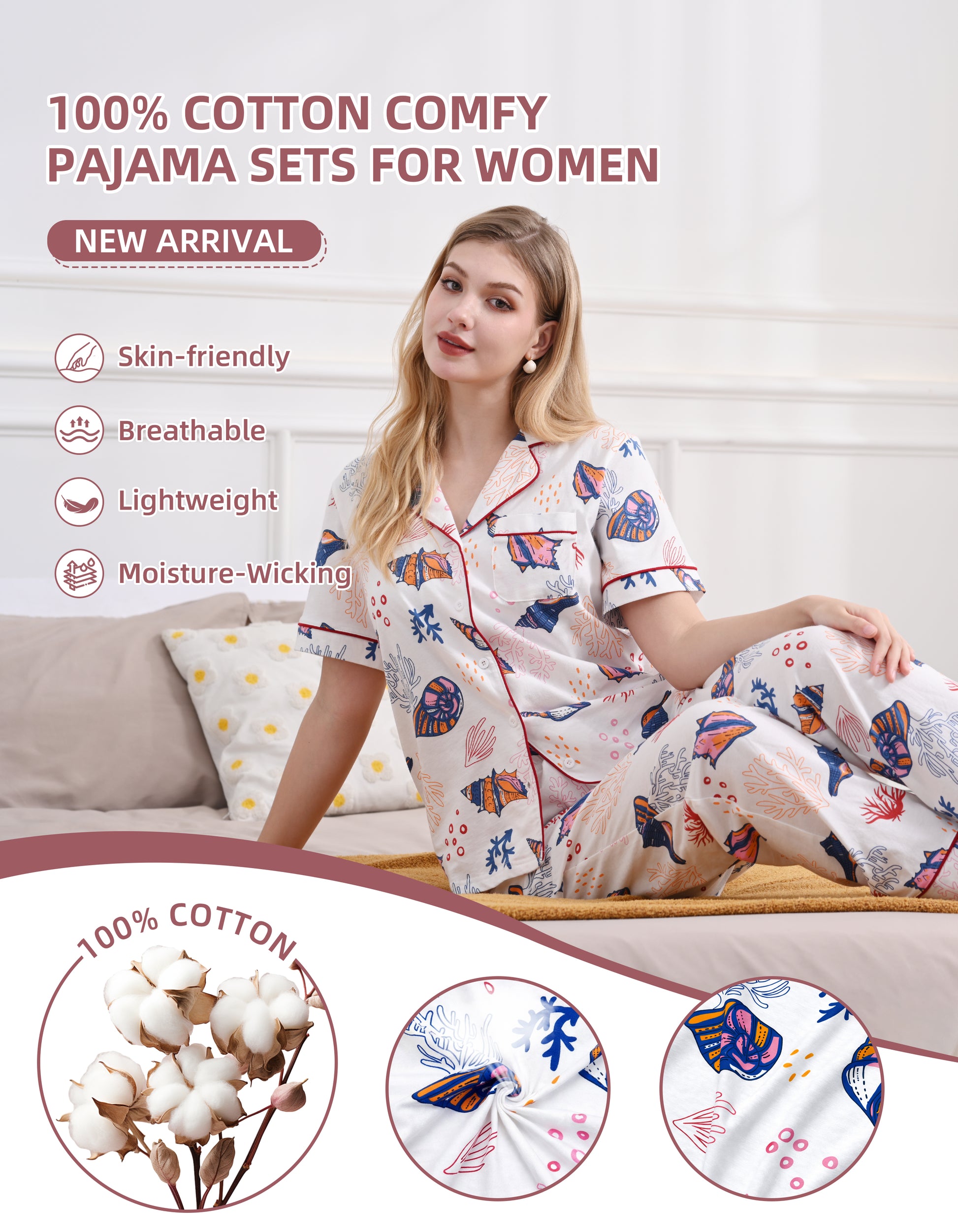 Close up of ocean print 100 percent knit cotton fabric