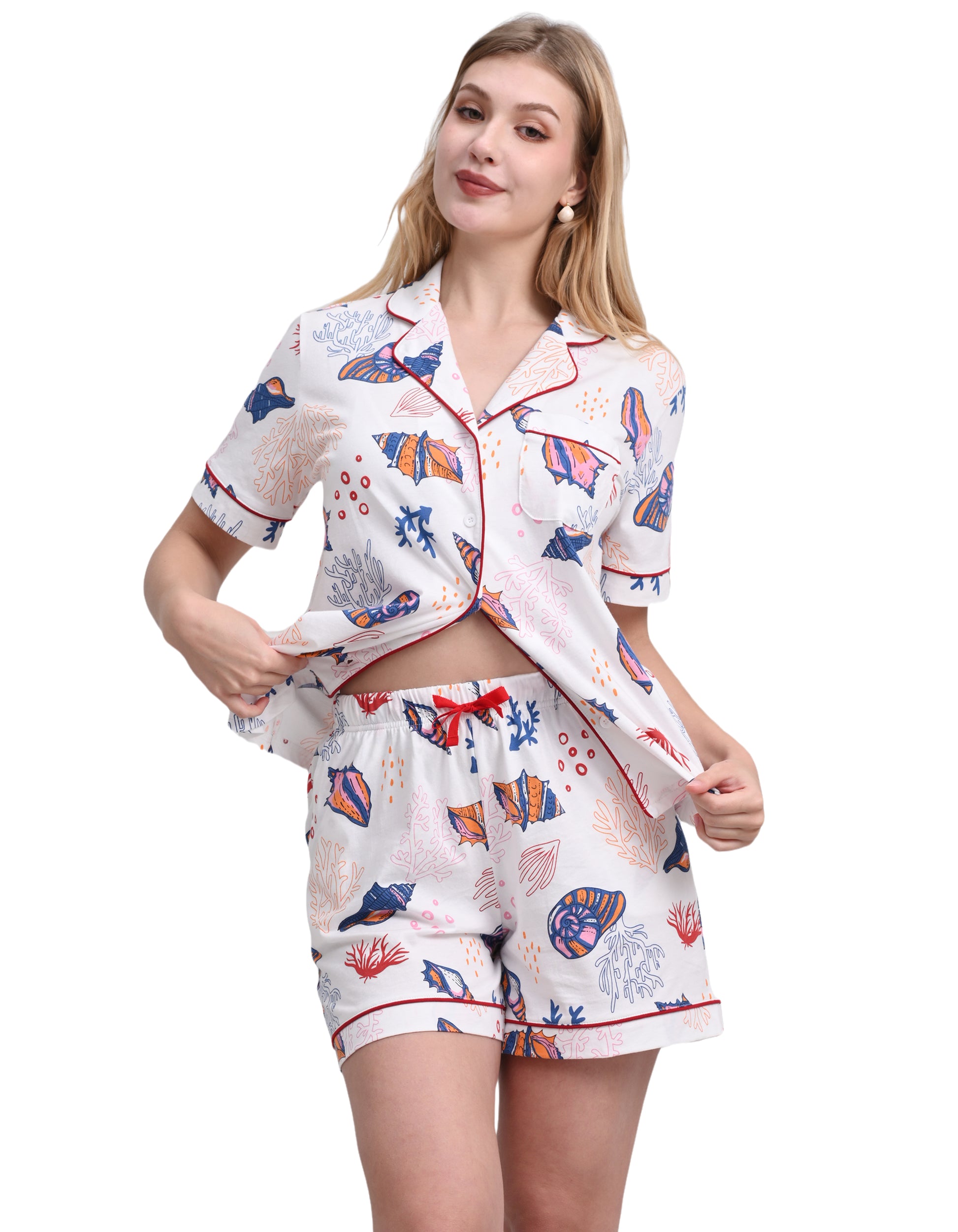 Ocean print women’s knit cotton pajama set short sleeve and shorts front view on white background