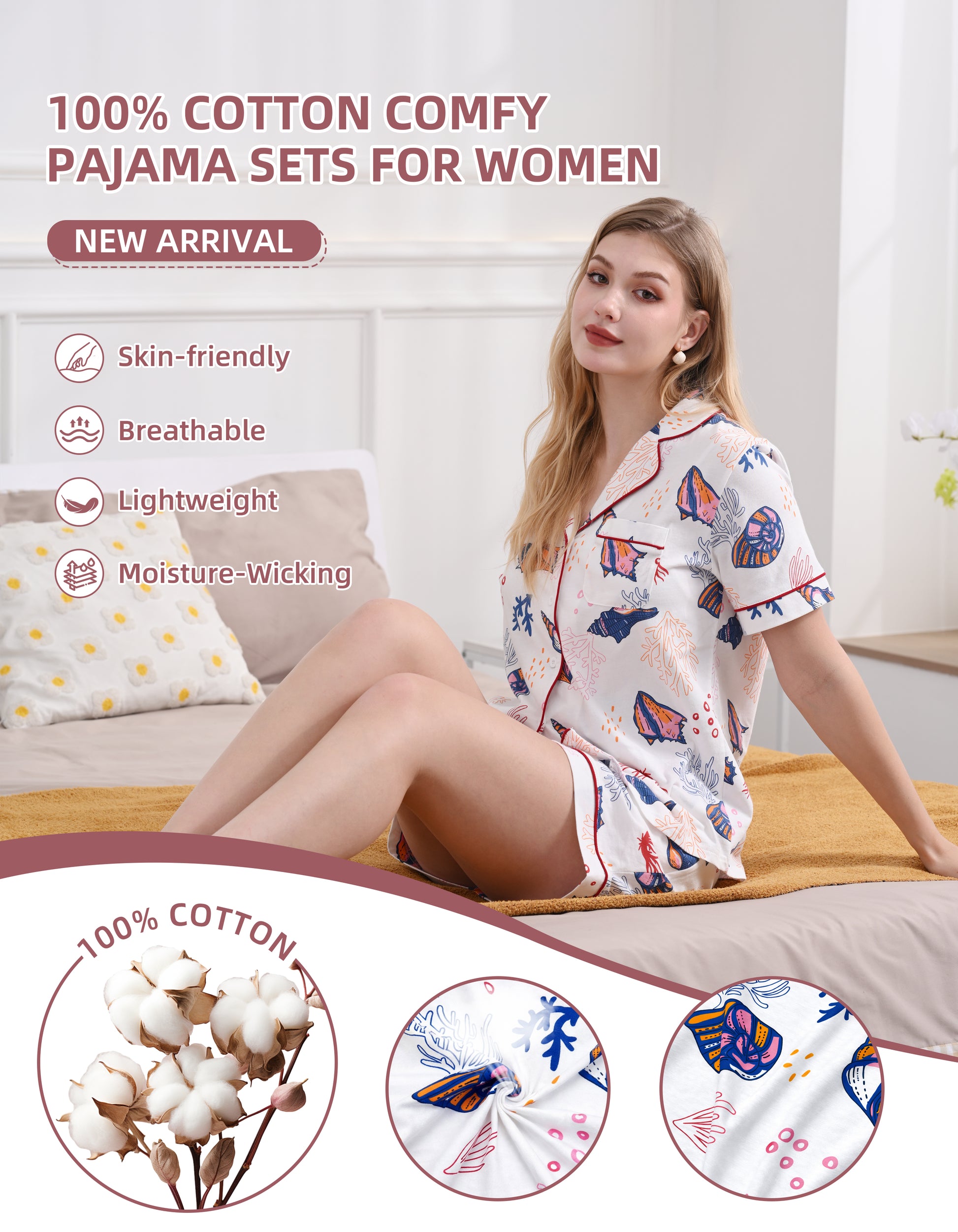 Close-up of ocean print knit cotton pajama fabric showing softness and breathability