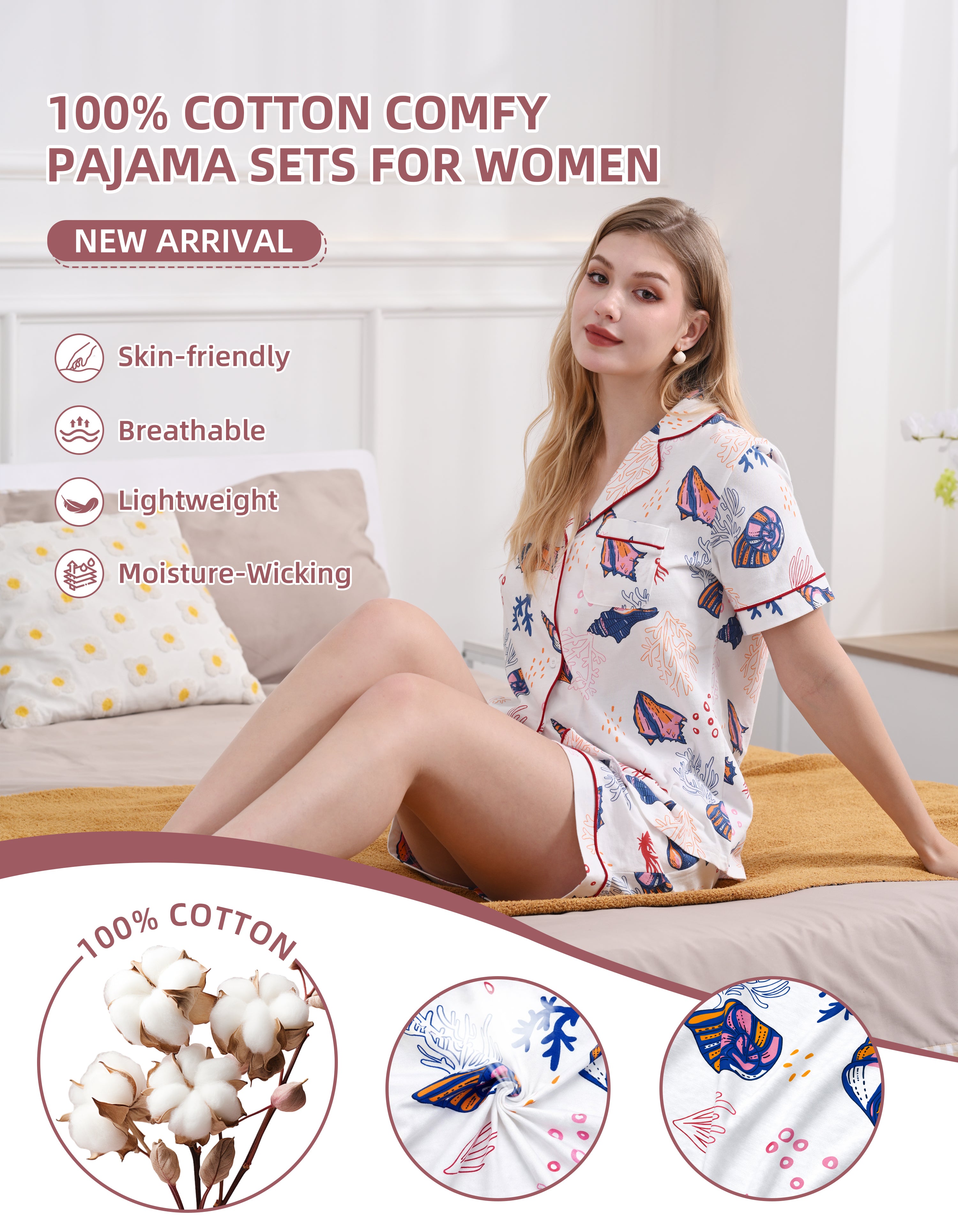 Close-up of ocean print knit cotton pajama fabric showing softness and breathability