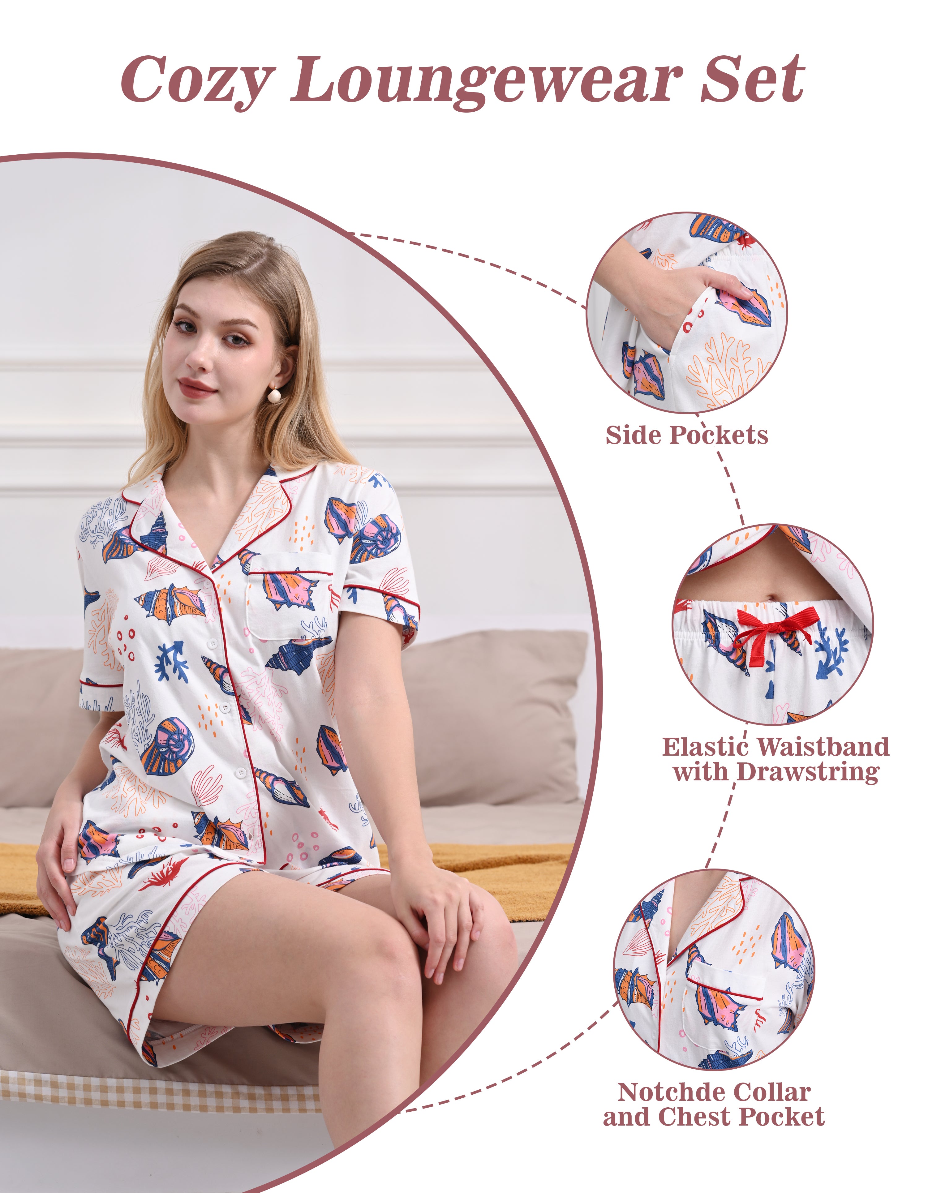 Design details of ocean print pajamas including notched collar, chest pocket and drawstring shorts