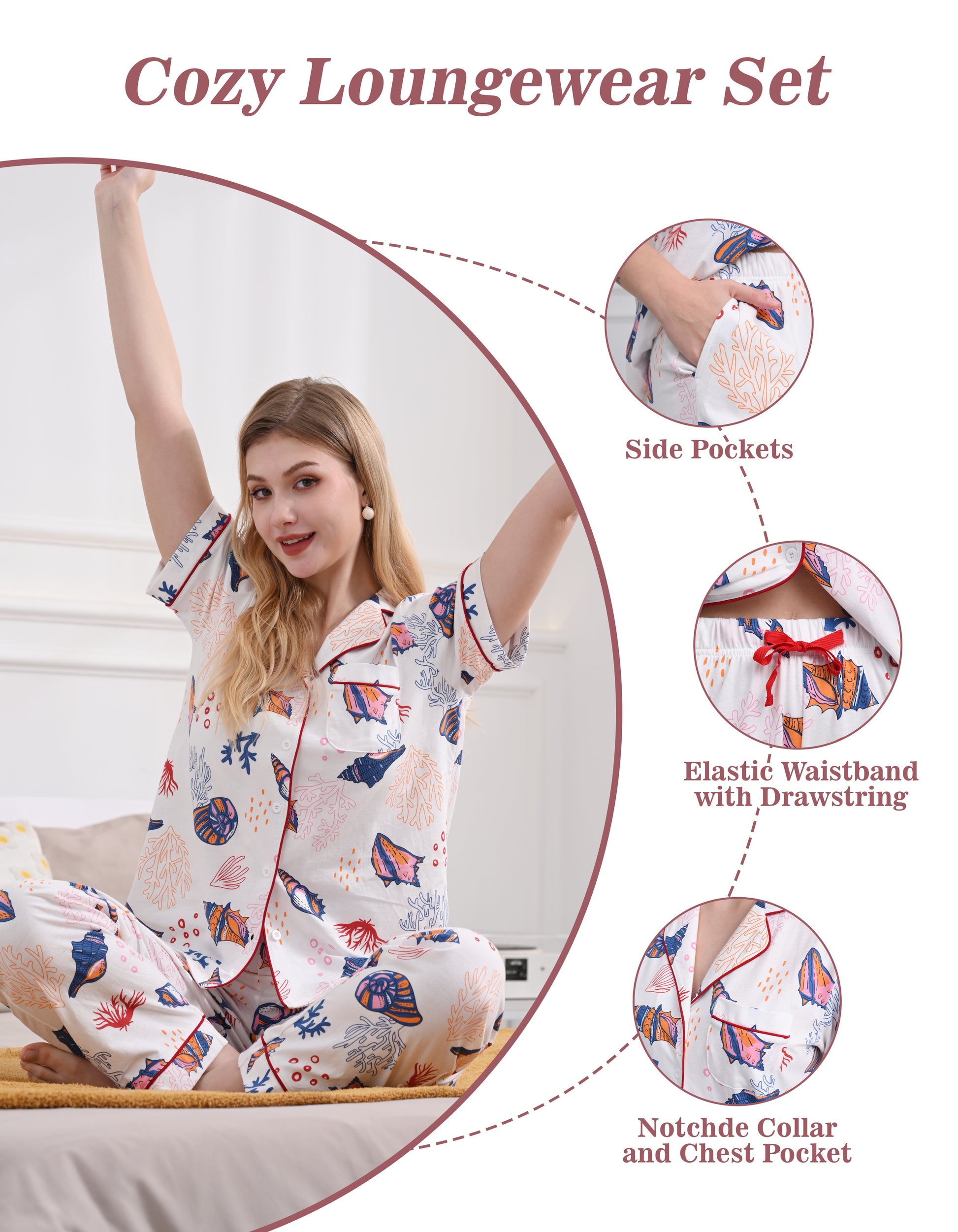Ocean print pajamas with drawstring waistband and chest pocket