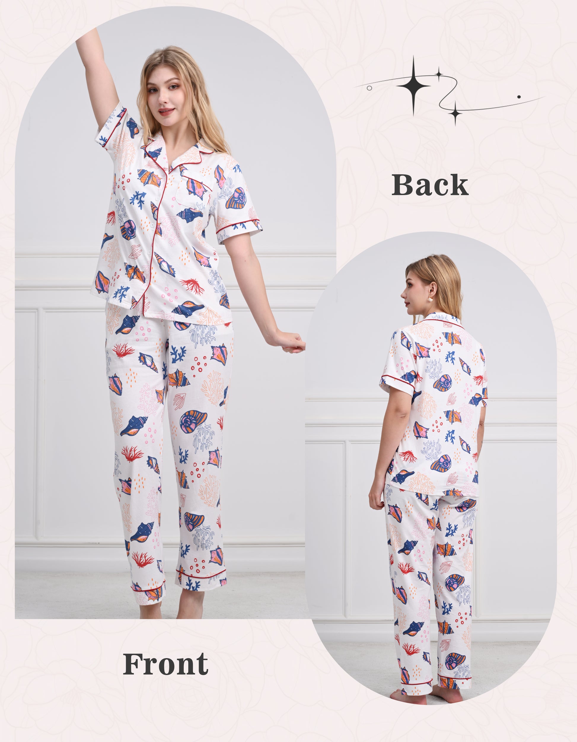 Front and back view of women ocean print short sleeve pajama set