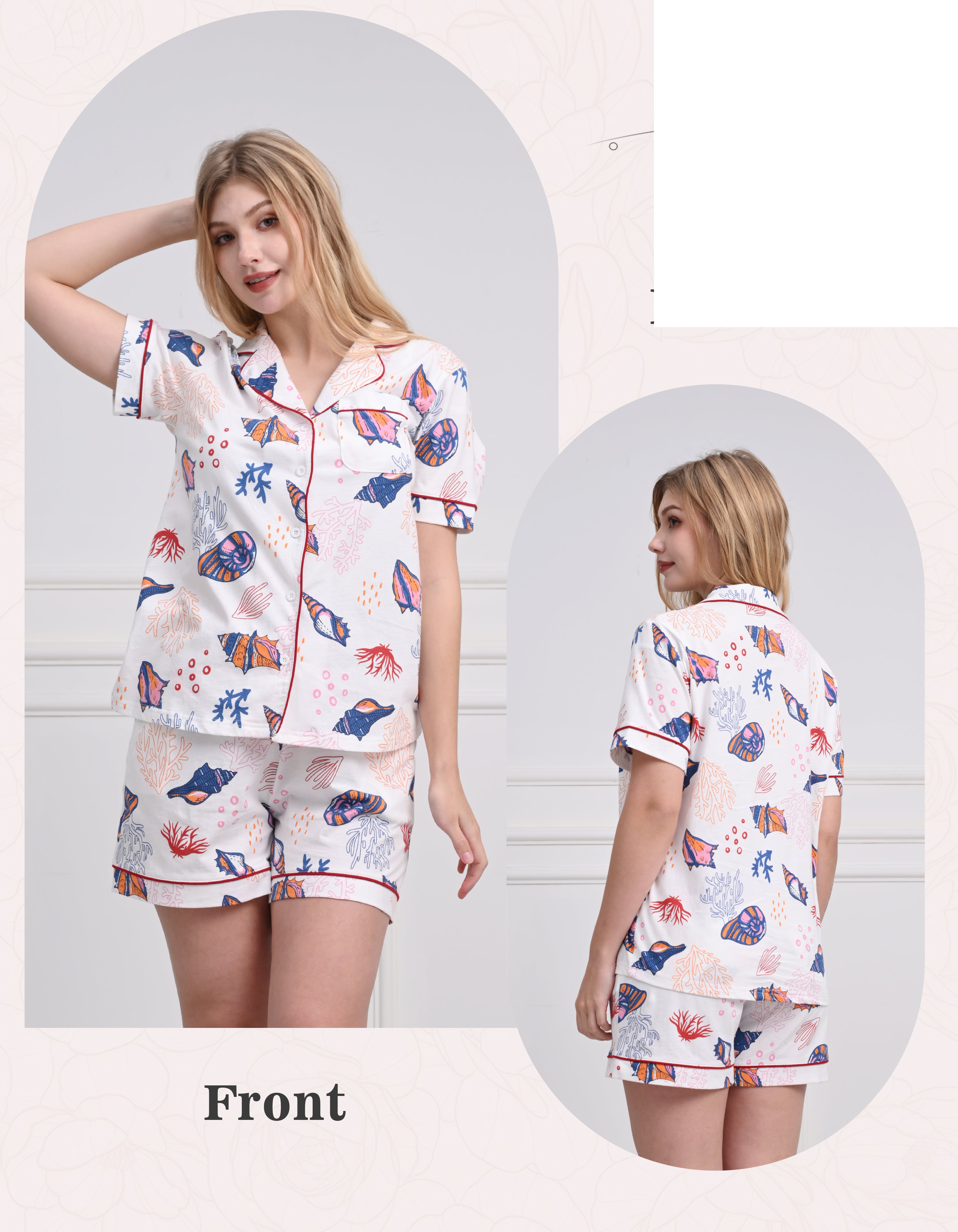 Front and back view comparison of ocean print women’s knit cotton pajama set