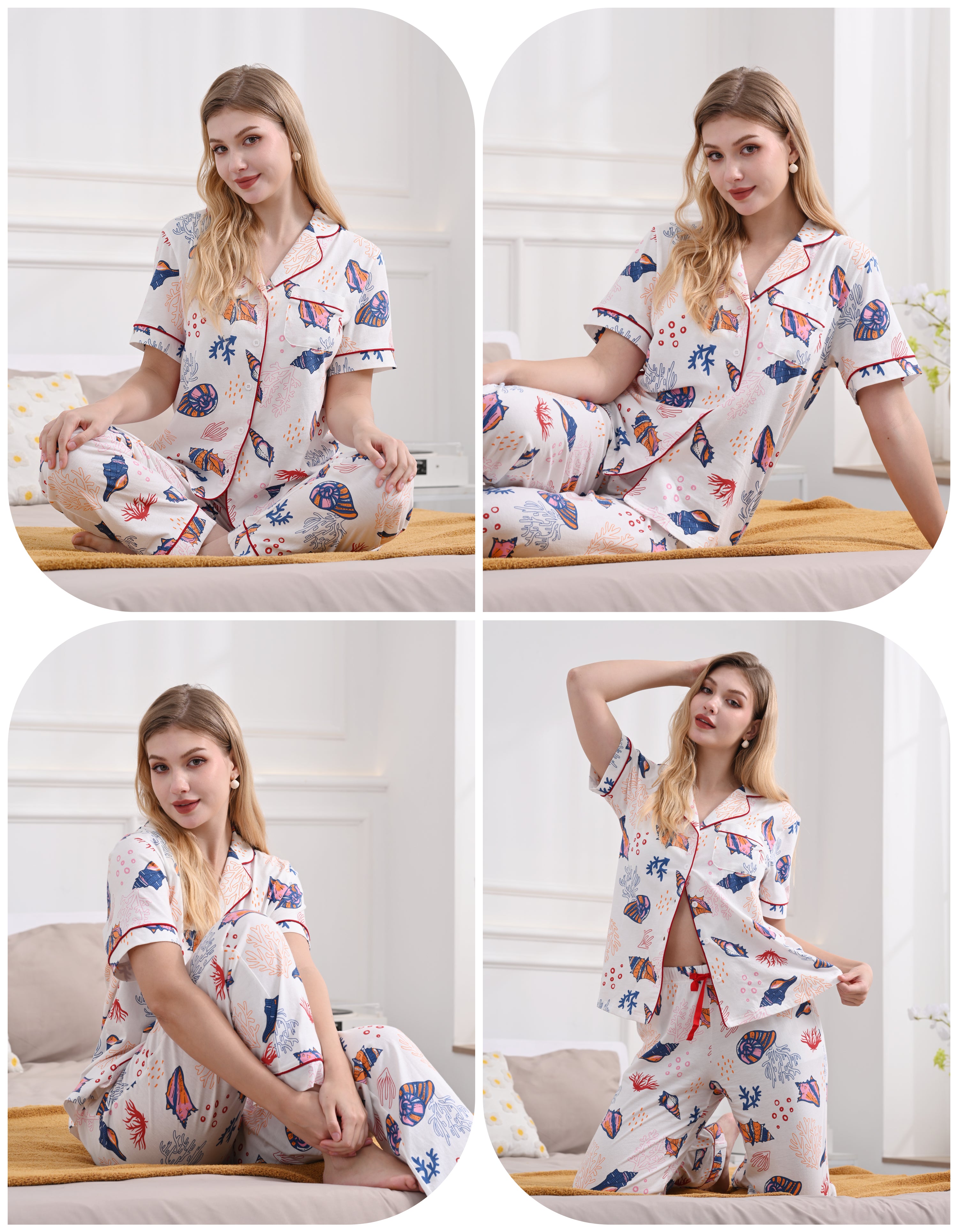 Model wearing ocean print cotton pajama set at home