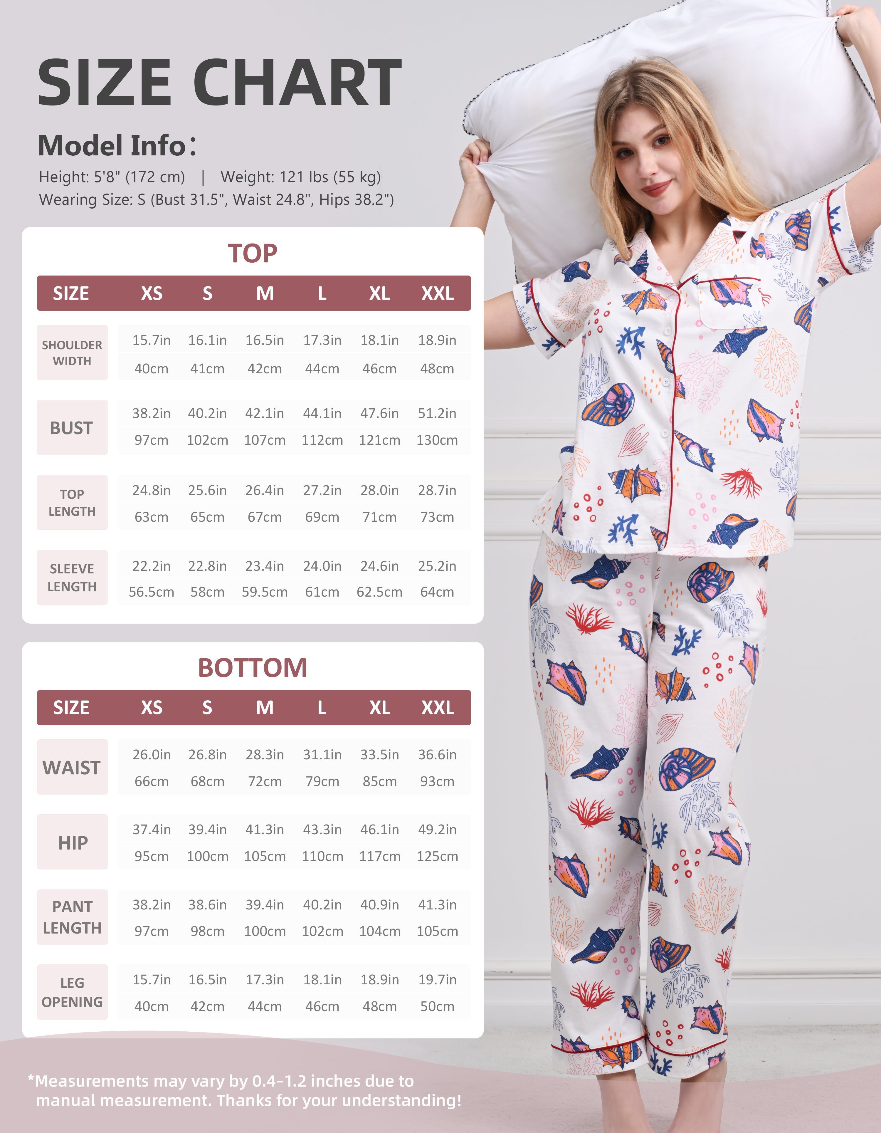 Size chart for women ocean print cotton pajama set