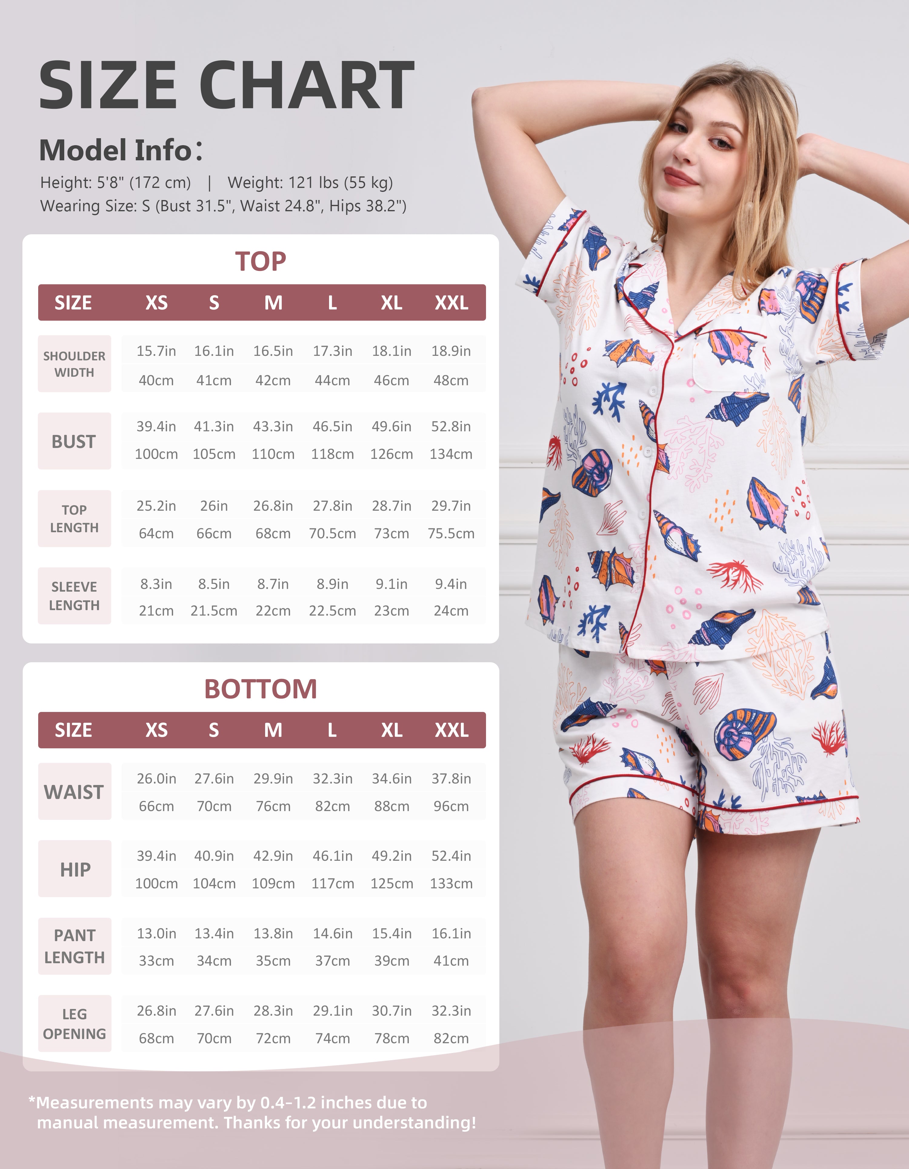 Size chart for women’s ocean print knit cotton pajama set top and shorts