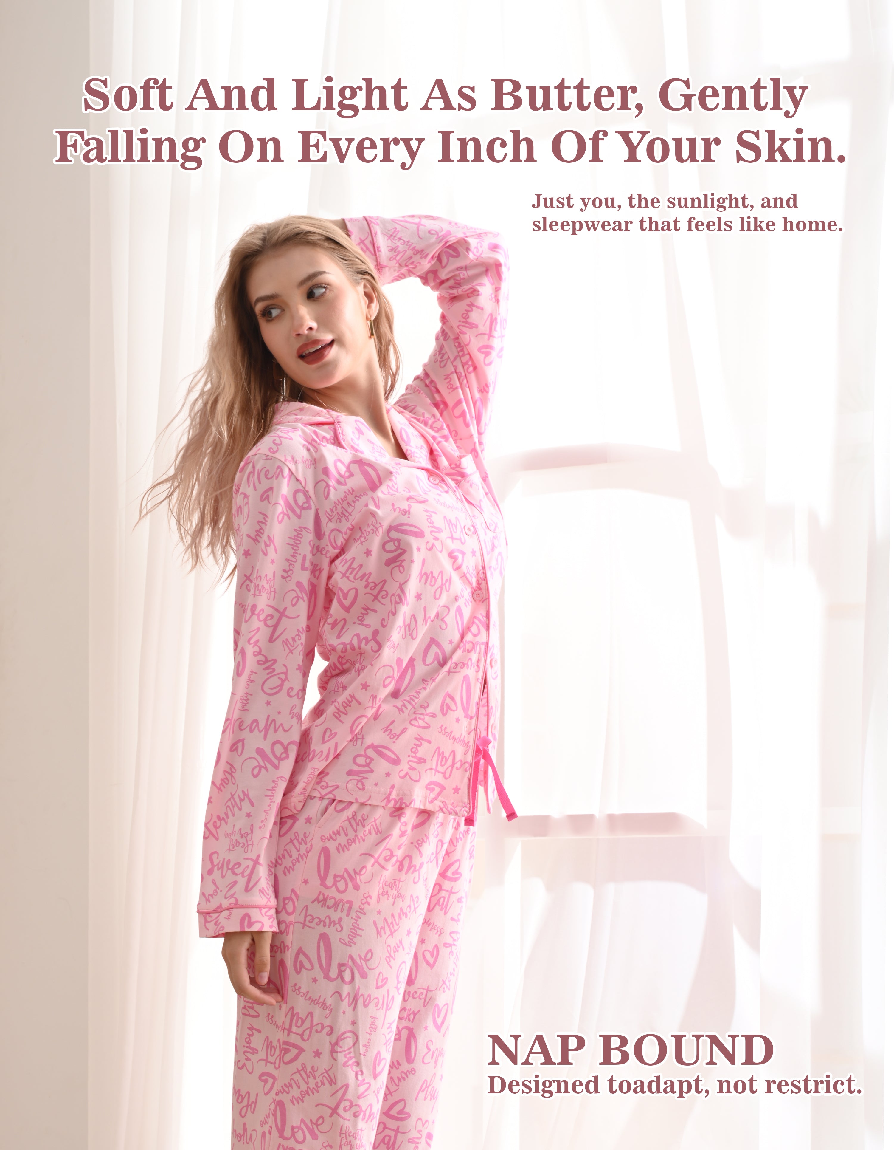 Woman wearing pink Letter knit cotton pajamas in soft daylight home scene