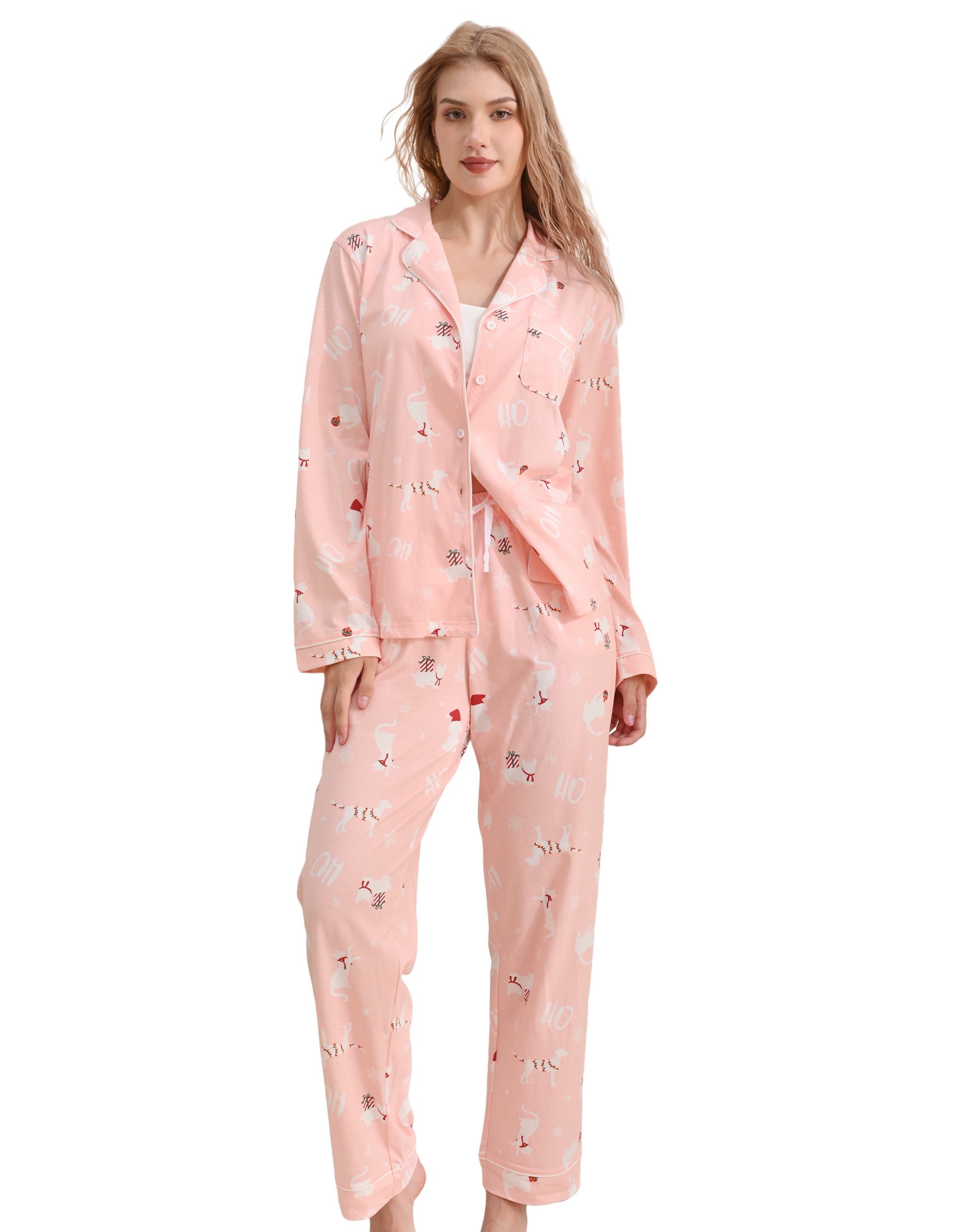 Pink Christmas women’s knit cotton pajama set with animal silhouette print front view on white background