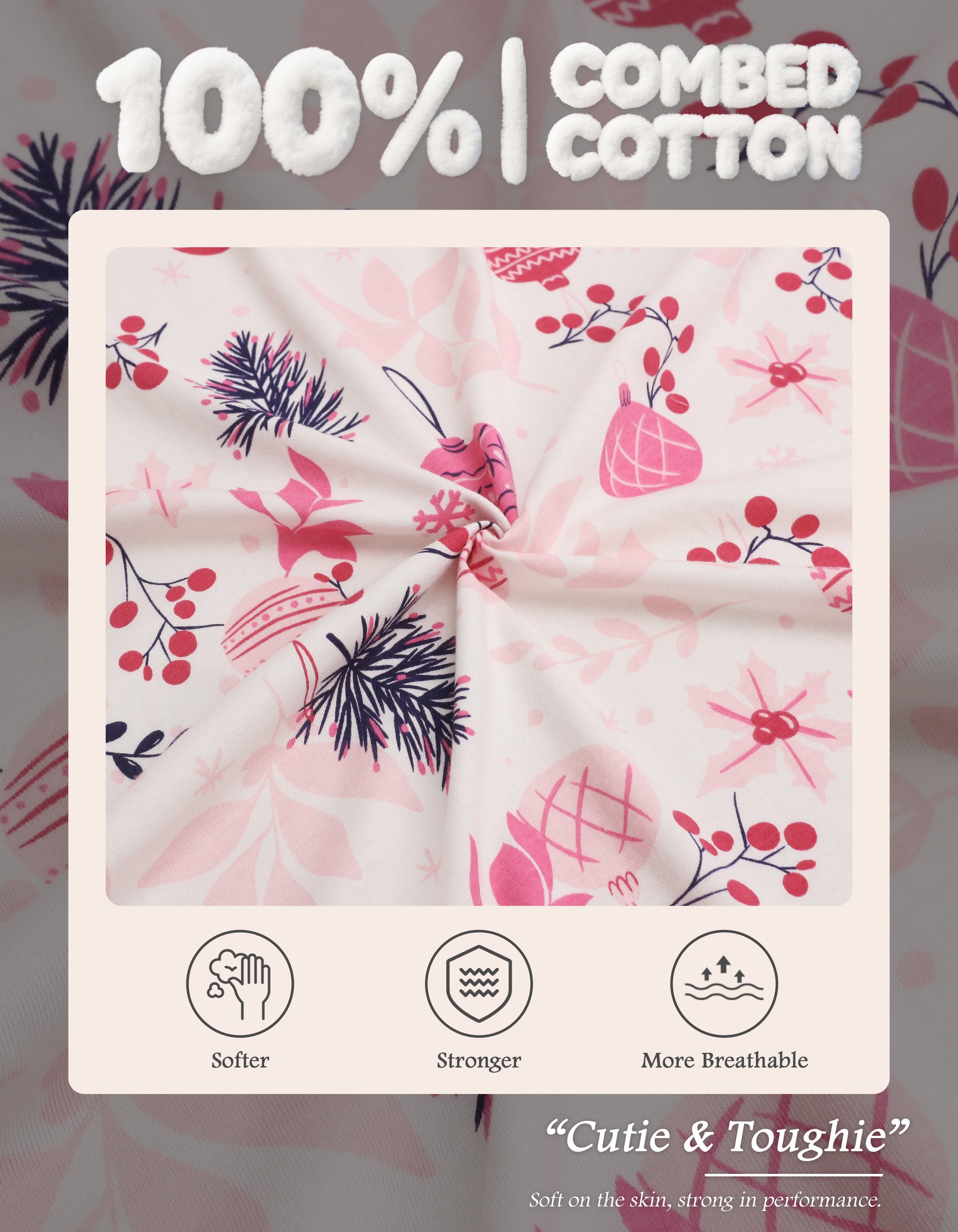 Close-up of pink Christmas ornament printed knit cotton pajama fabric