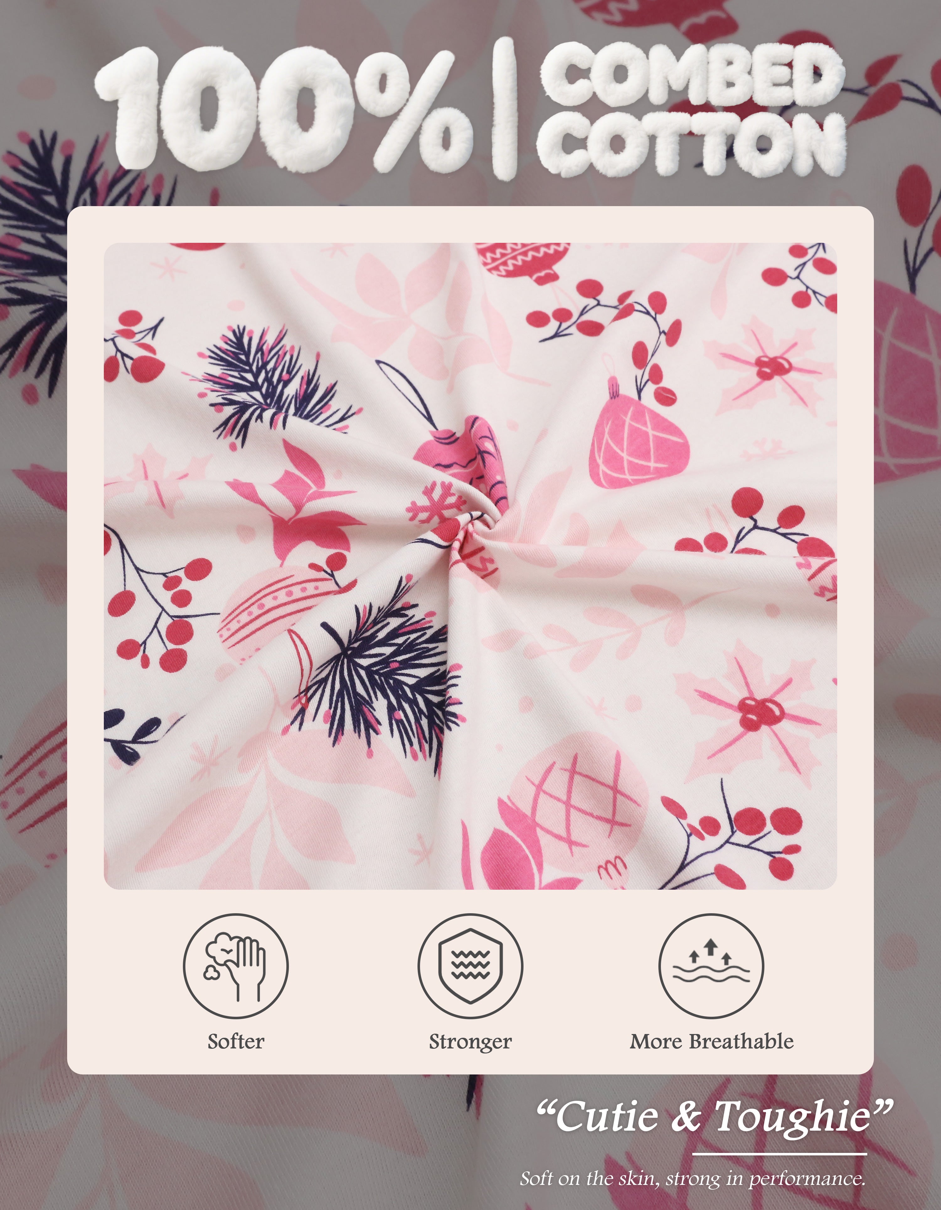 Close-up of pink Christmas ornament printed knit cotton pajama fabric