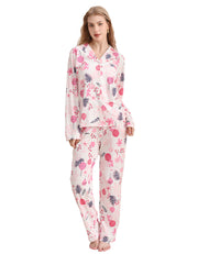 Pink Christmas ornament print women’s knit cotton pajama set front view on white background