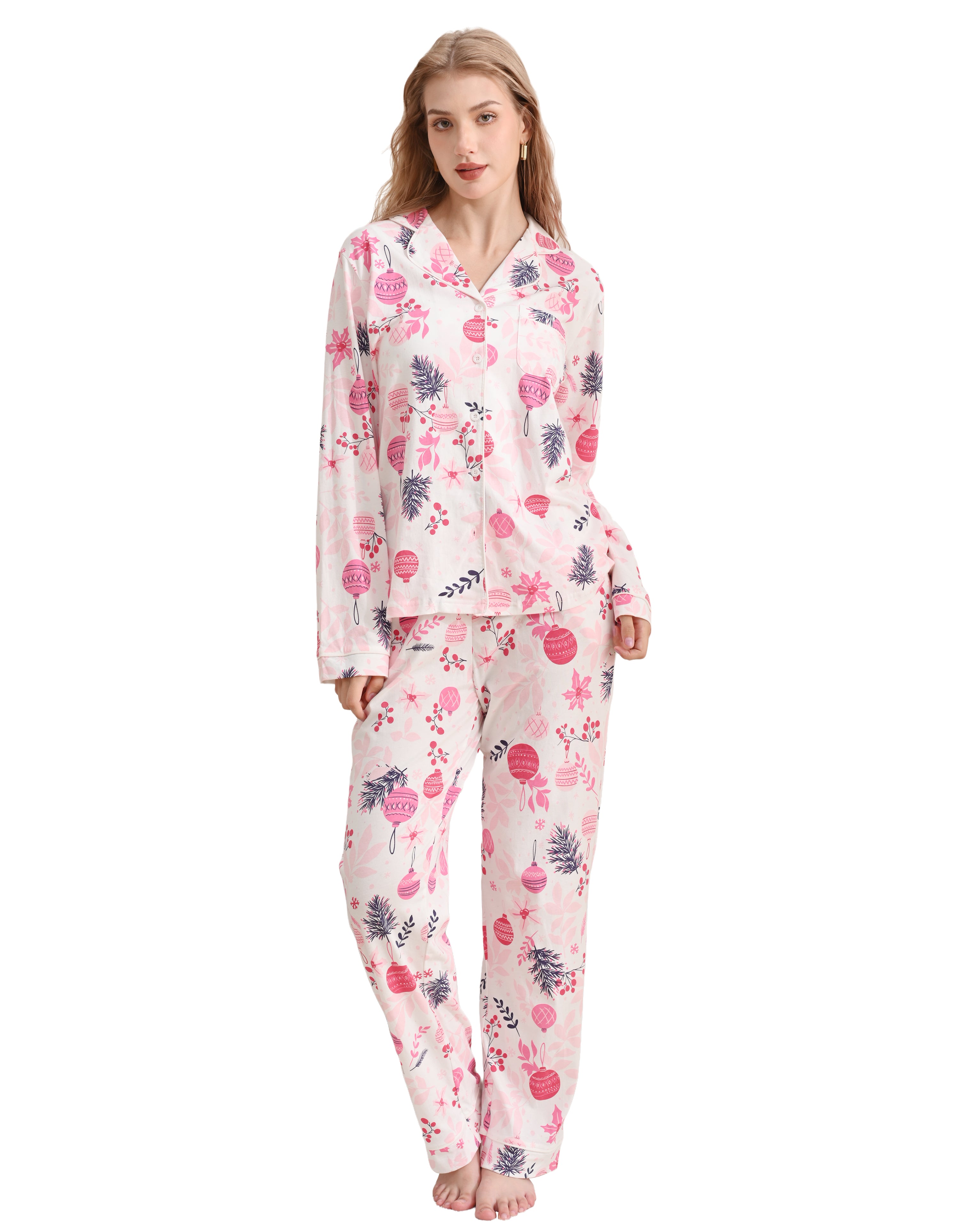 Pink Christmas ornament print women’s knit cotton pajama set front view on white background