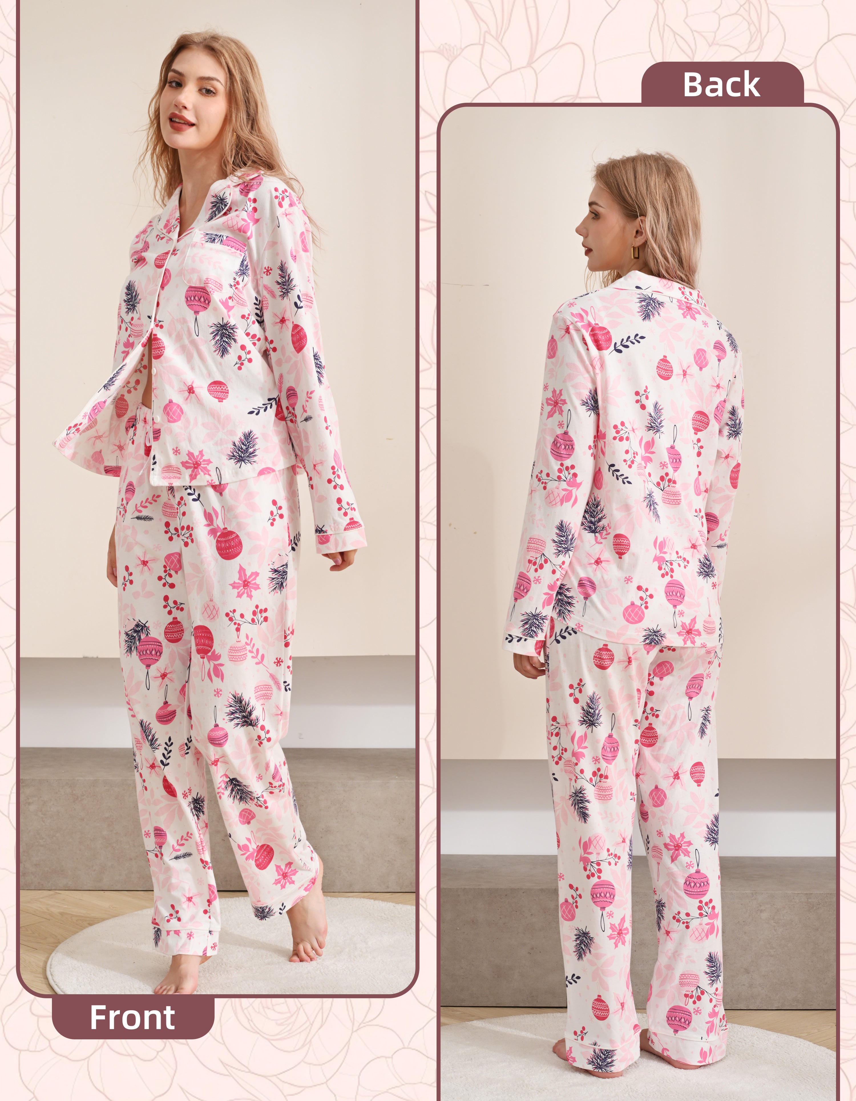Front and back view comparison of pink Christmas ornament women’s pajama set