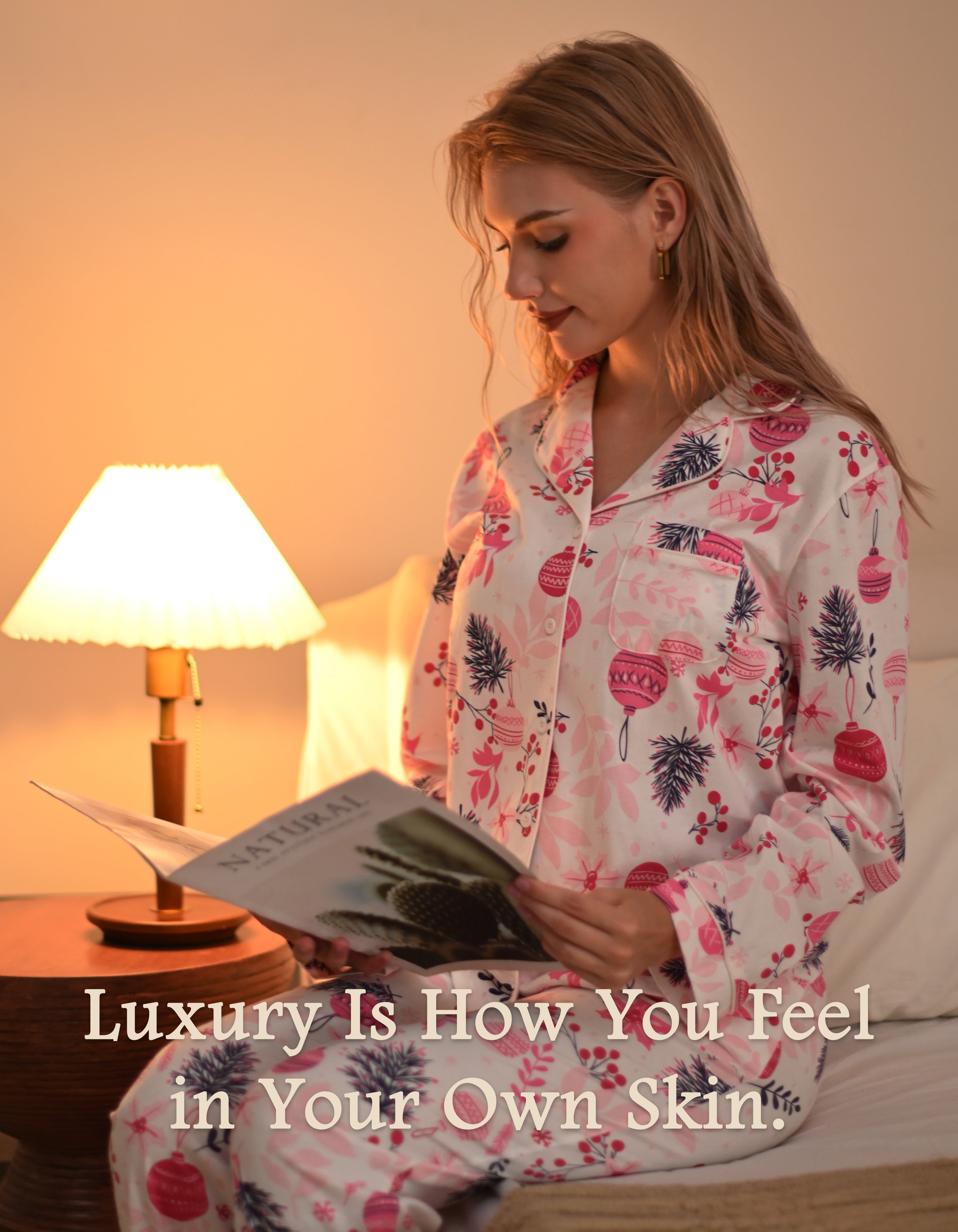 Front and back view comparison of pink Christmas ornament women’s pajama set