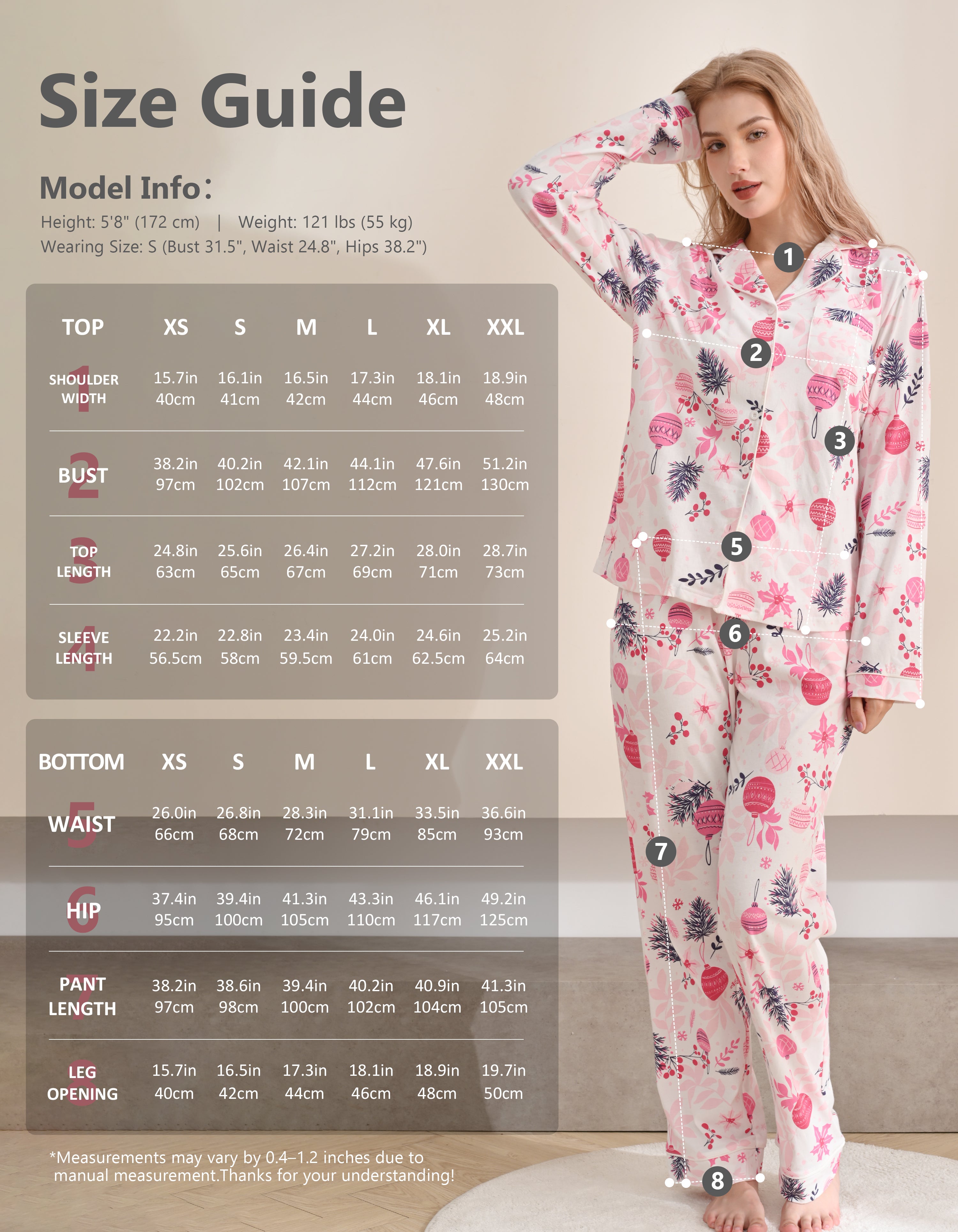Size chart for women’s pink Christmas ornament knit cotton pajama set