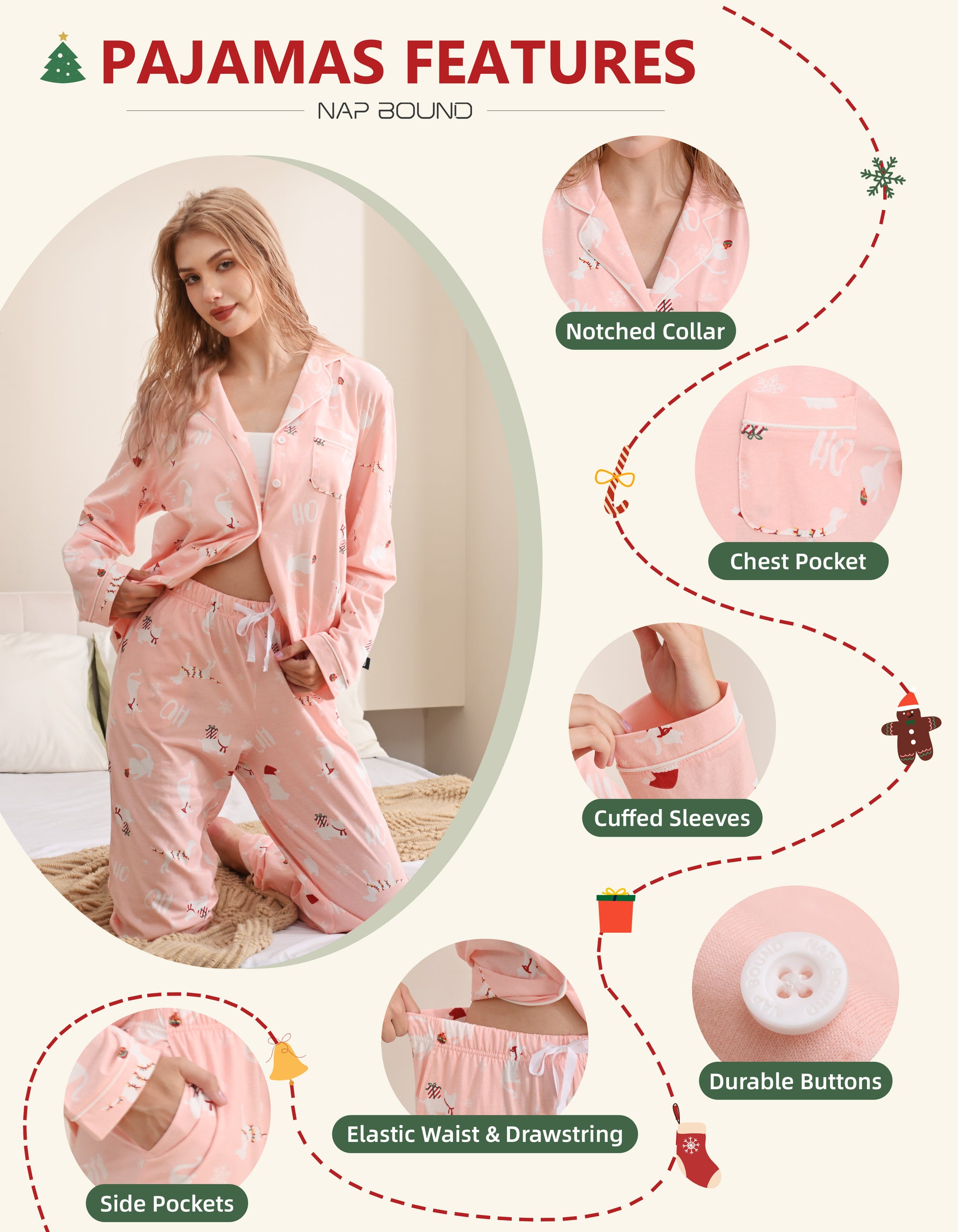 Design details of pink Christmas pajamas including notched collar, chest pocket, cuffed sleeves, drawstring waist, and buttons