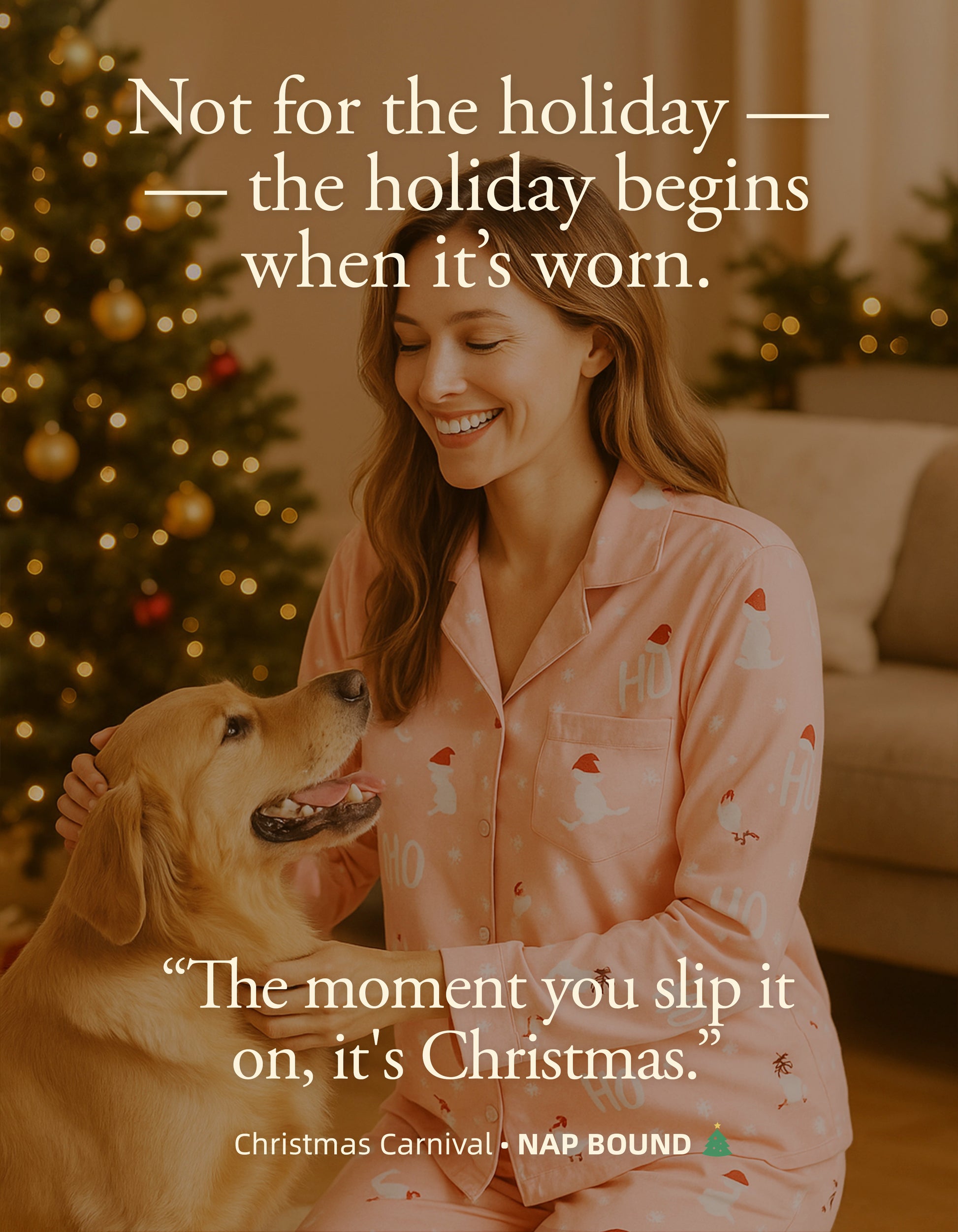 Woman in pink Christmas animal print pajamas smiling with dog in cozy holiday setting