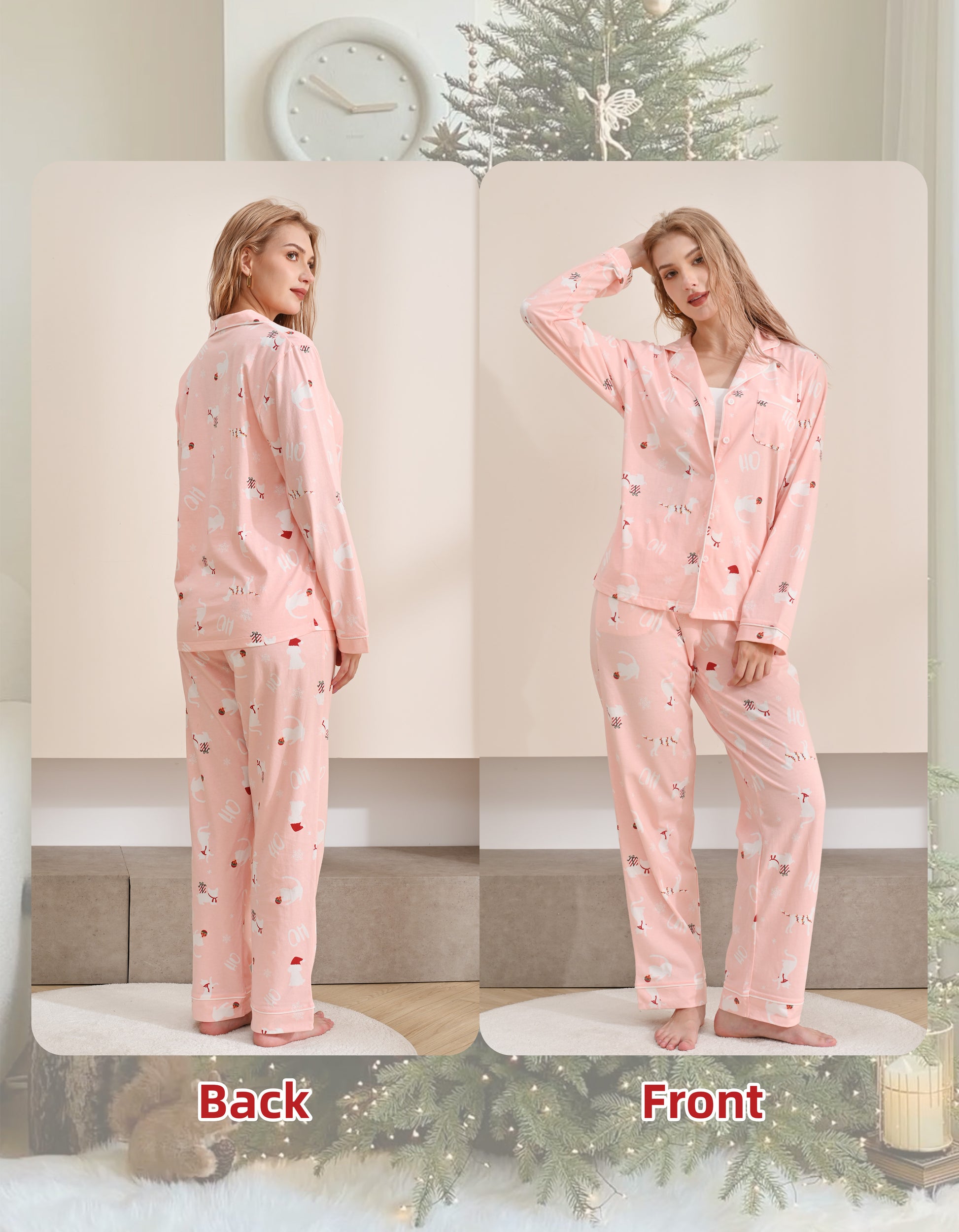 Front and back view comparison of pink Christmas women’s knit cotton pajama set