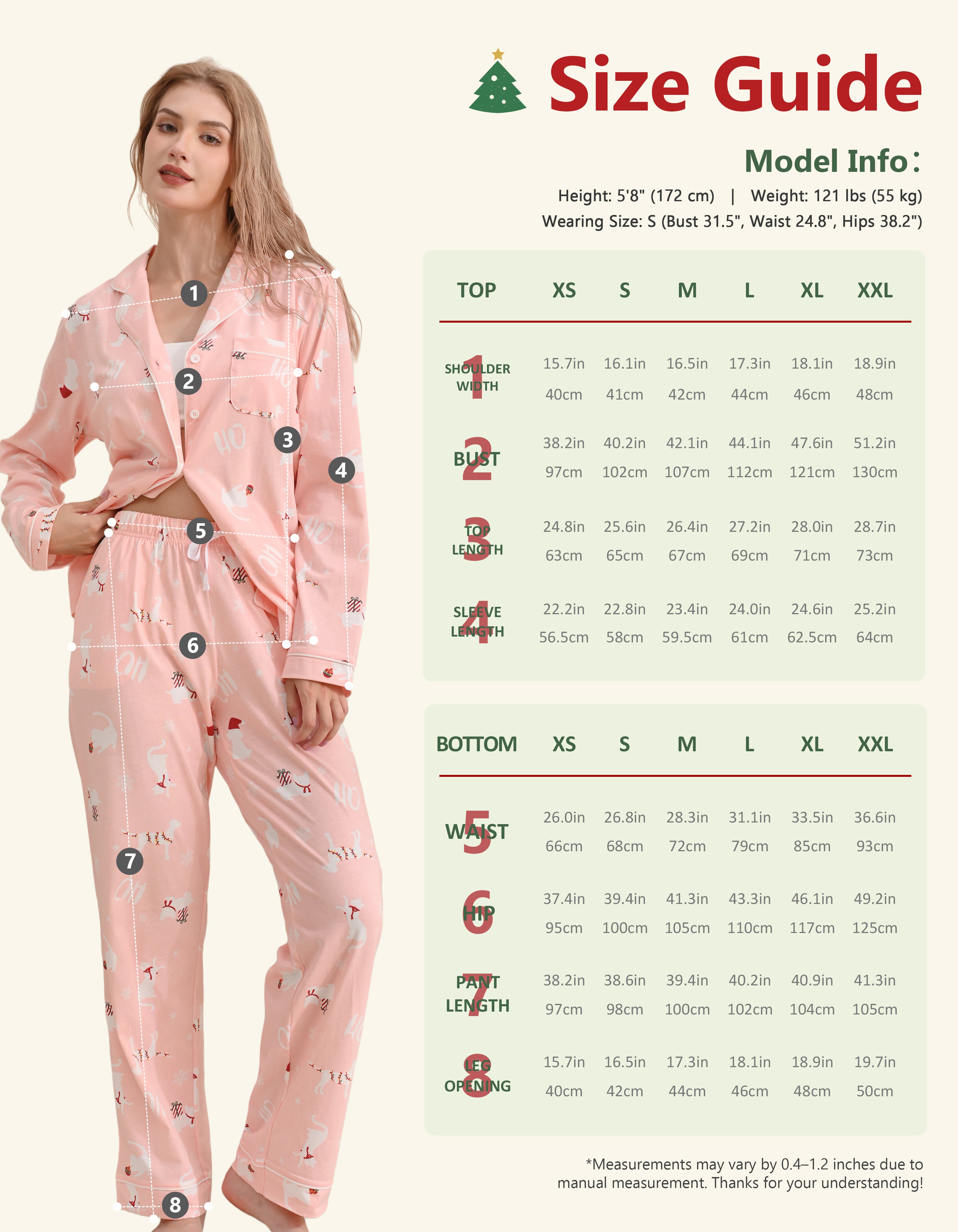 Size chart for women’s pink Christmas knit cotton pajama set top and pants