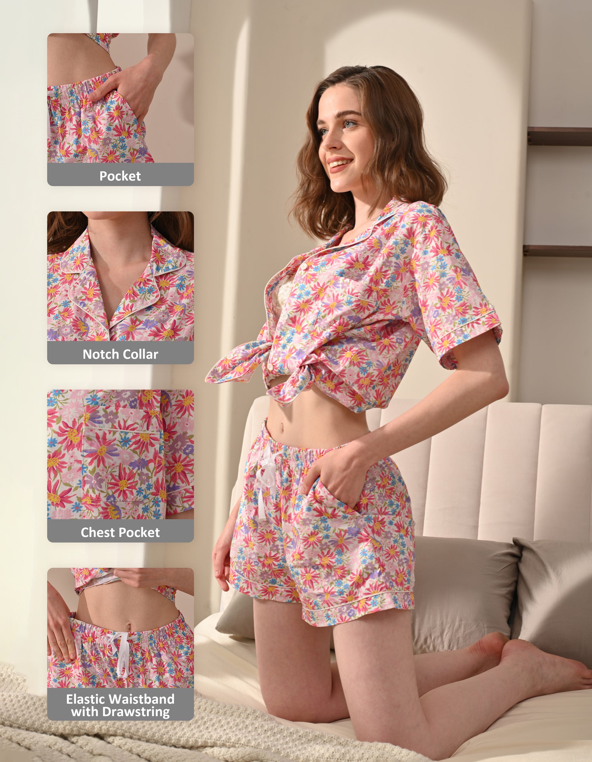 pink daisy floral pajama details notch collar chest pocket elastic waistband drawstring