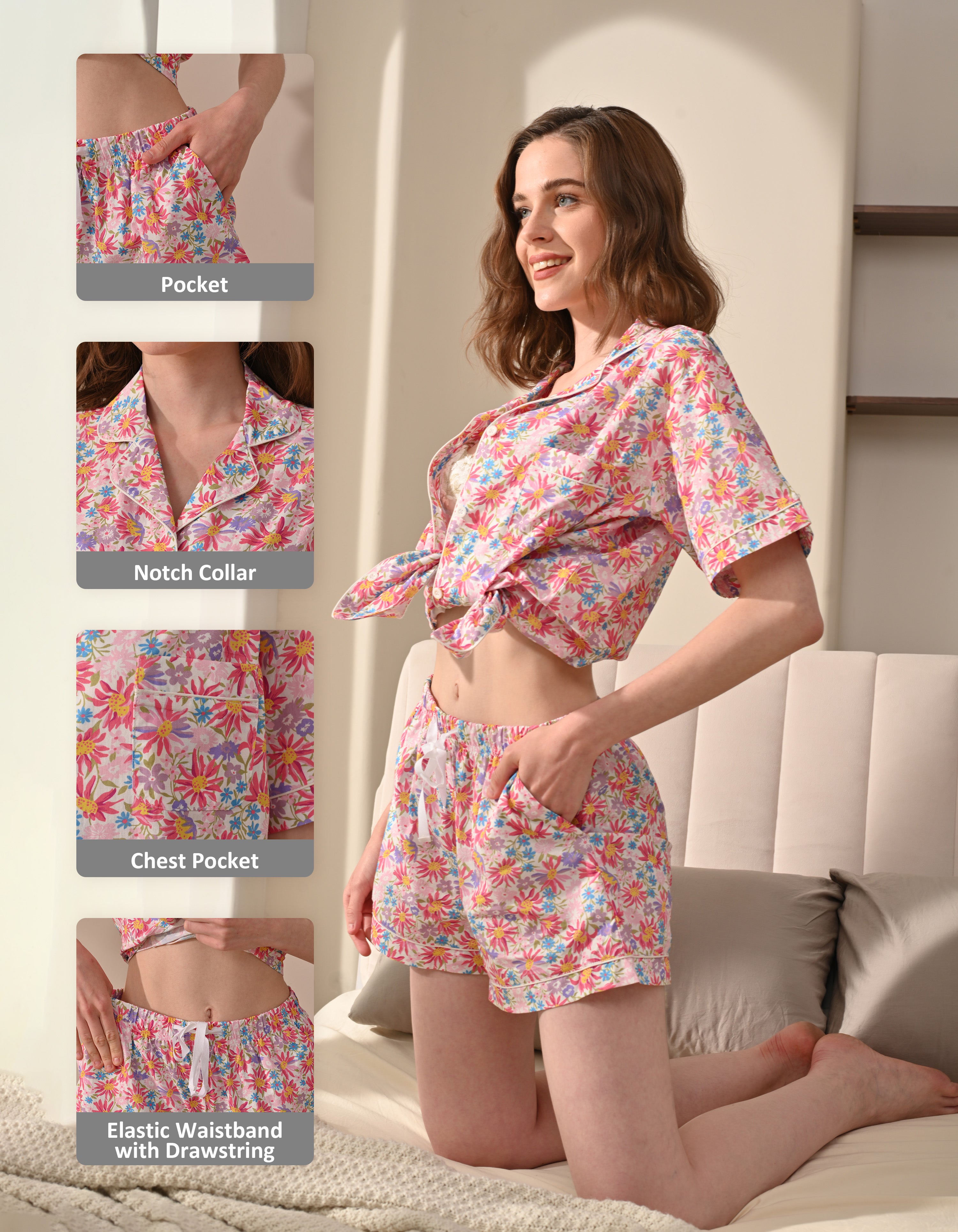 pink daisy floral pajama details notch collar chest pocket elastic waistband drawstring