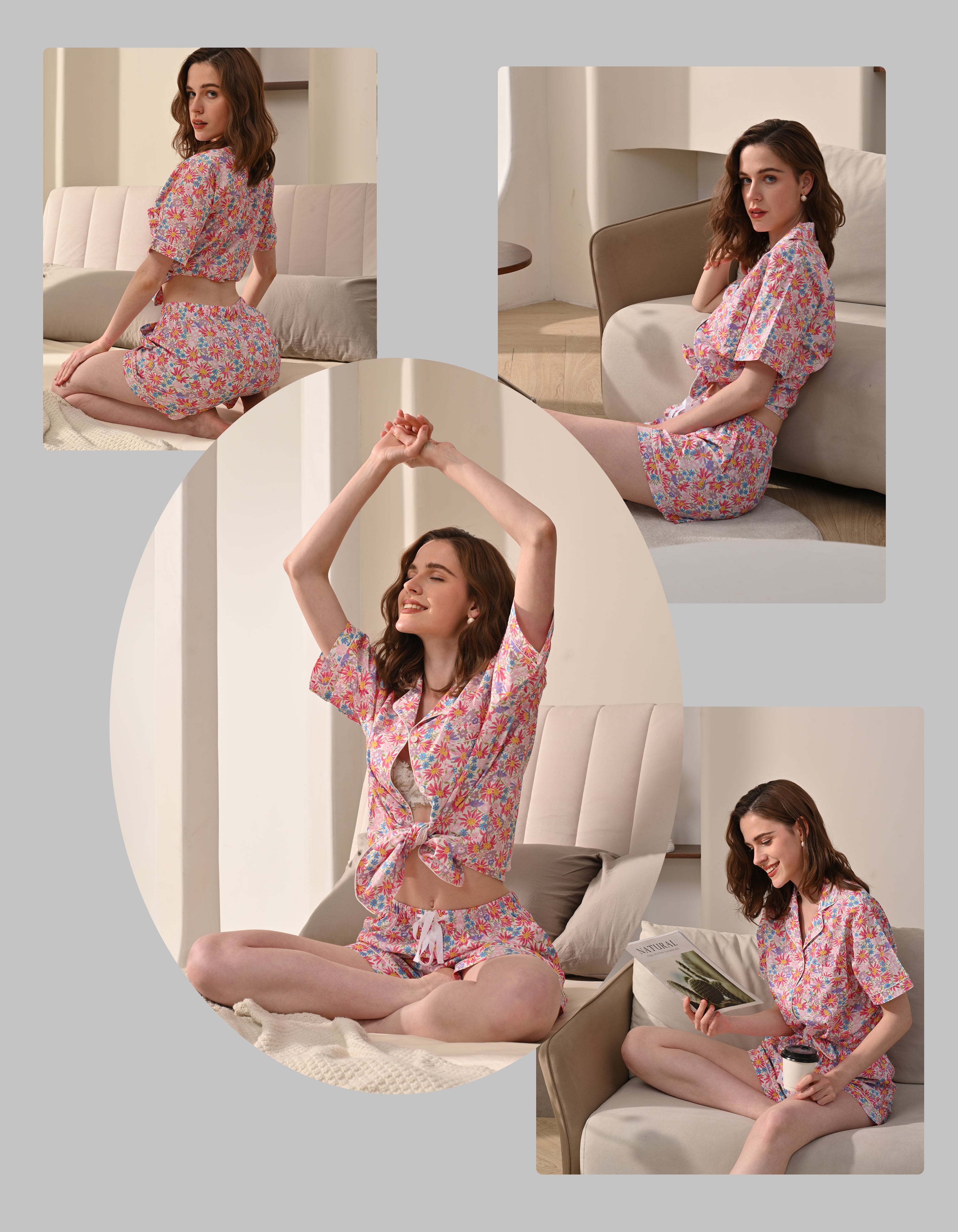 model wearing pink daisy floral pajama set lifestyle home scene