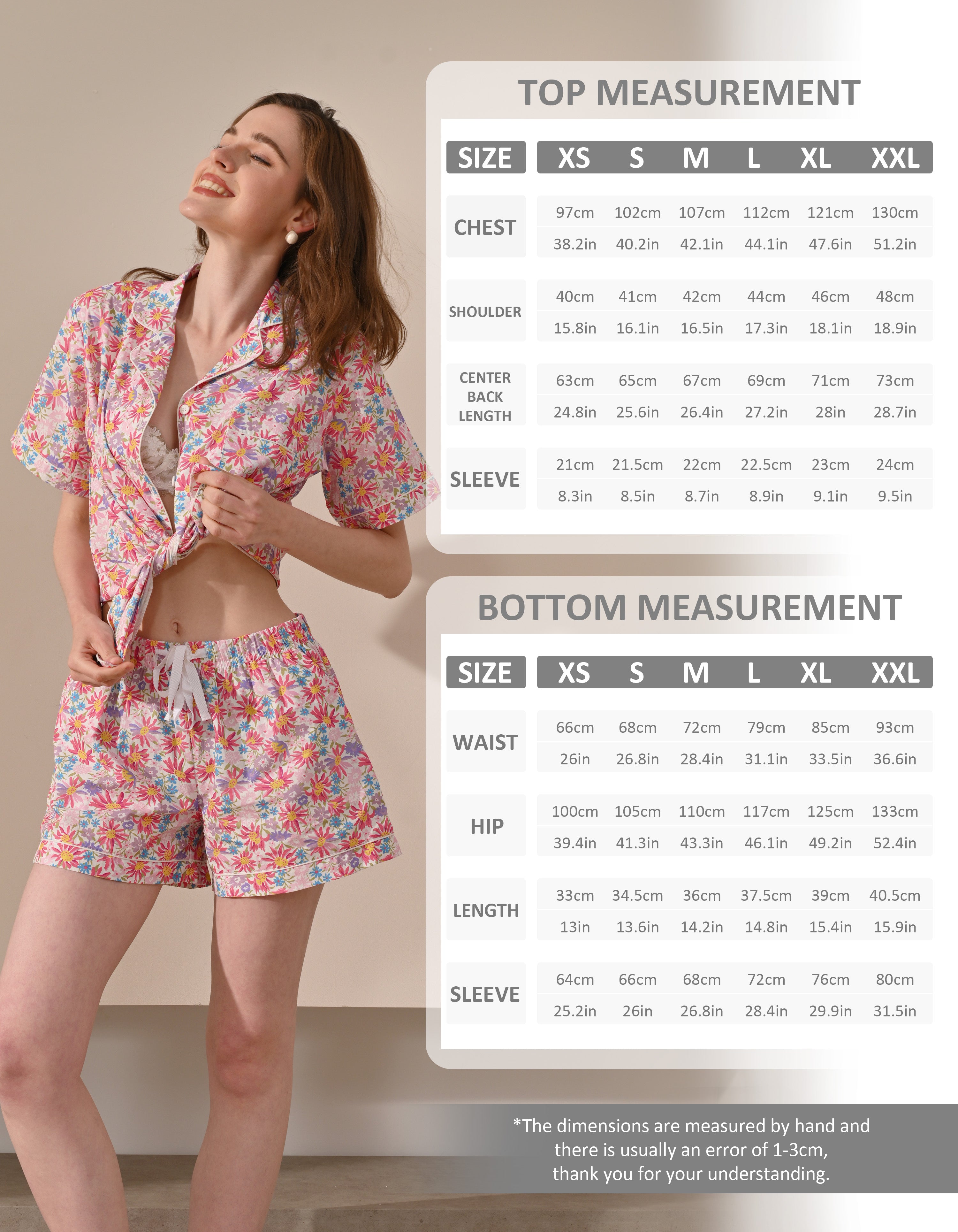 women pink daisy floral pajama set size chart top and shorts