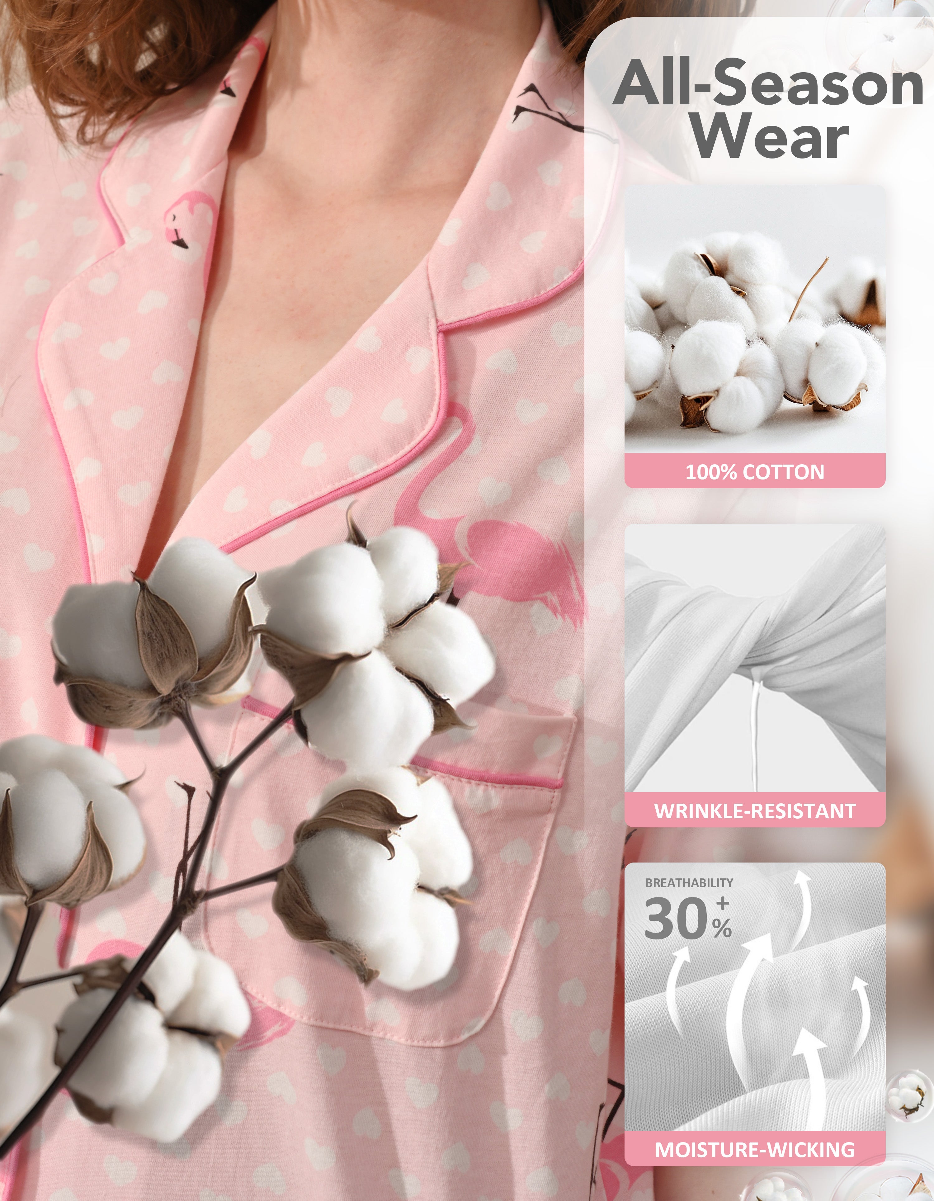 Close-up of pink flamingo print knit cotton pajama fabric showing softness and breathability