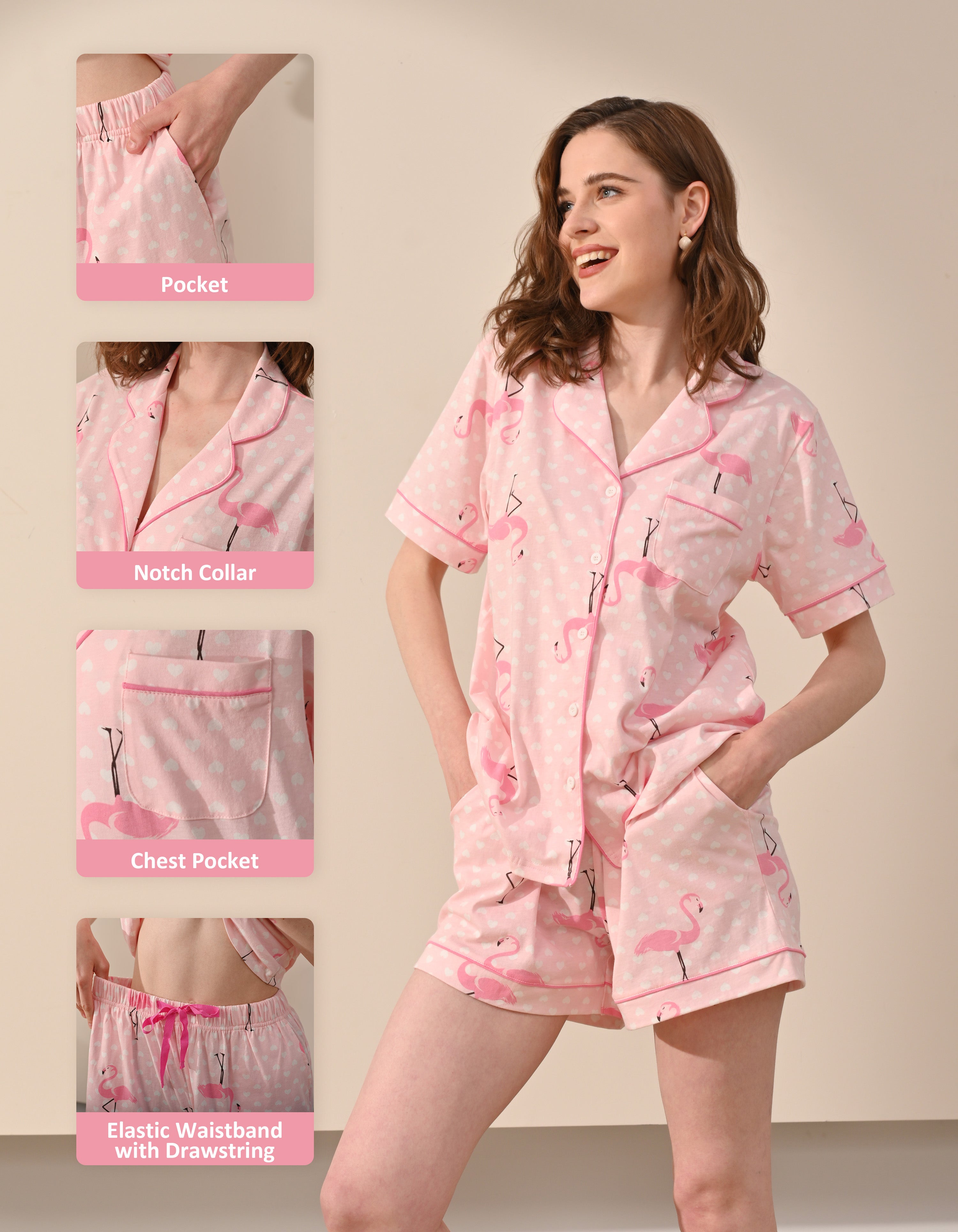 Design details of pink flamingo print pajamas including notch collar, chest pocket, and drawstring waistband